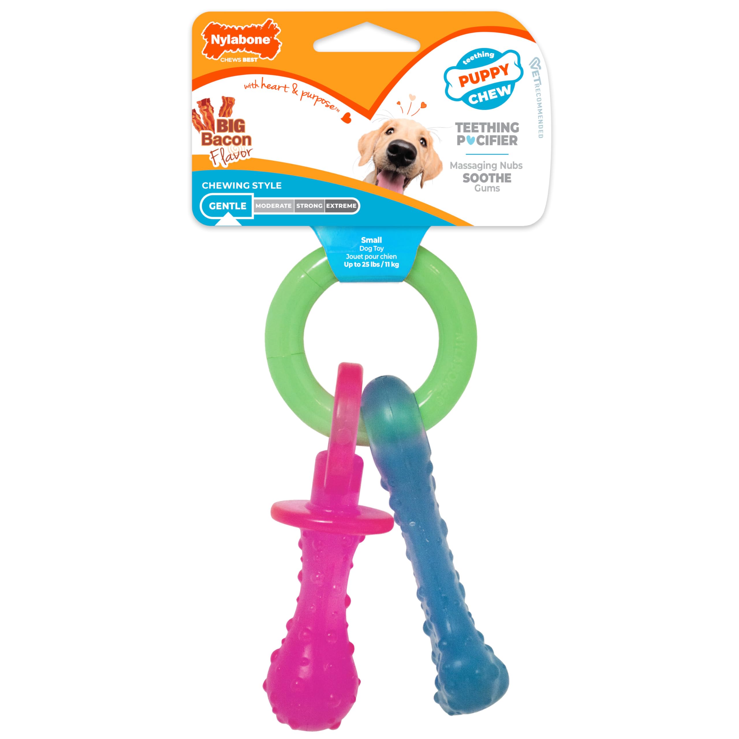 Nylabone Puppy Pacifier Chew Toy, Bacon Flavor, Small (Up to 25 lbs), 1 Count