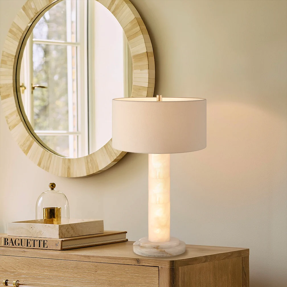 Moorizon Calista Drum 14" × 28" Natural Calcite LED Drum Table Lamp, 2400K Ultra-Warm Dimmable Light, Ideal for Home Décor Users, Designers, Hotels and Boutique Guesthouse Buyers detail image 5