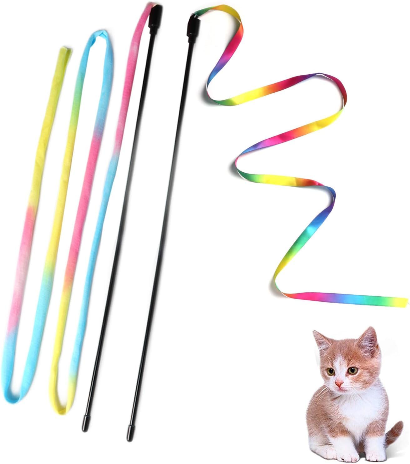 Cat Wand Toys Interactive Kitten Teaser Wand Set for Indoor Cats, Colorful Ribbon Stick Toy, 2-Pack