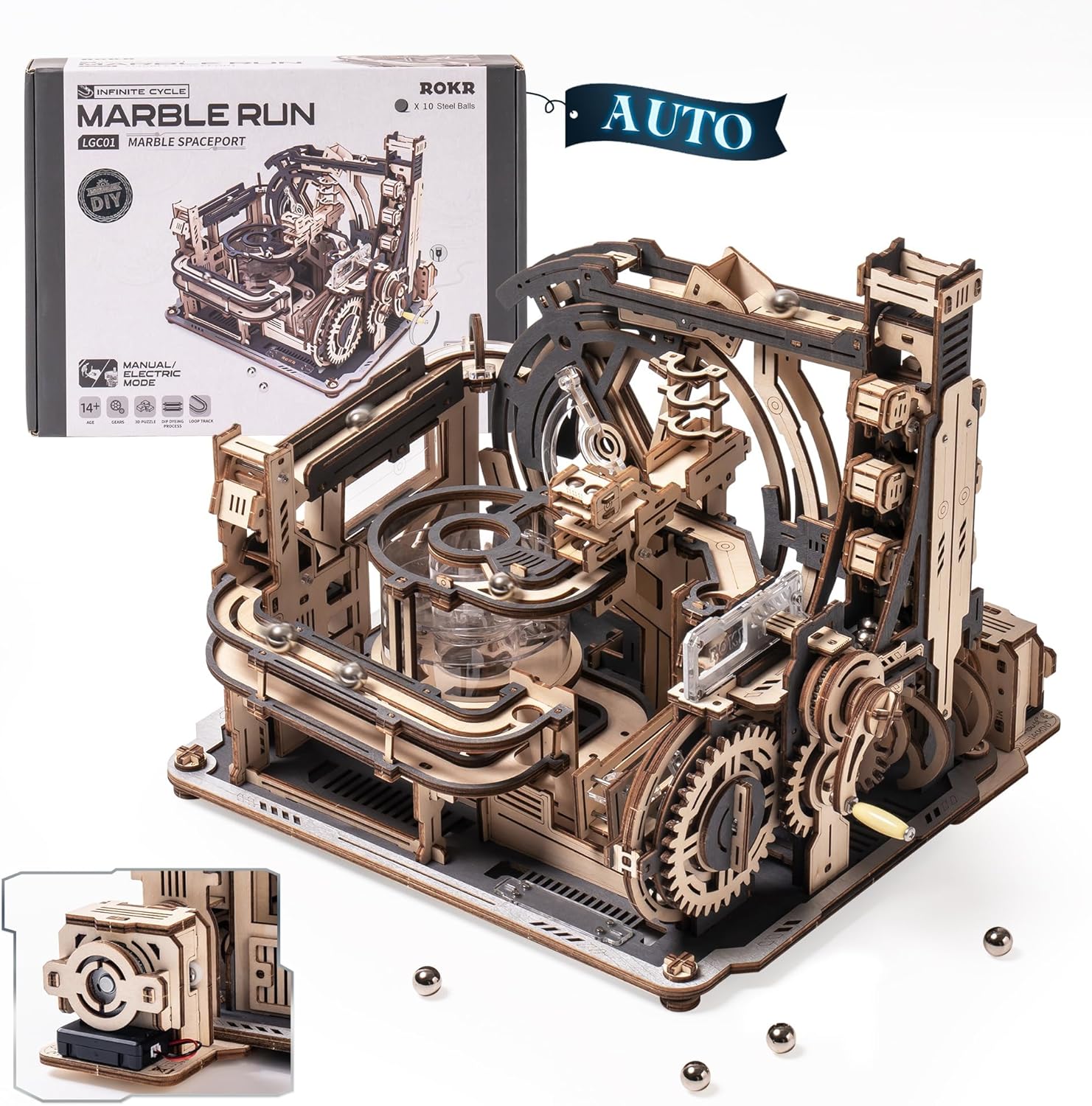 ROKR Marble Spaceport LGC01 Electric Marble Run 3D Wooden Puzzle, 472 Pieces — Futuristic Spaceport DIY Marble Track with Manual & Electric Modes, 6 Splitters + 5 Tracks, Mechanical Model Gift