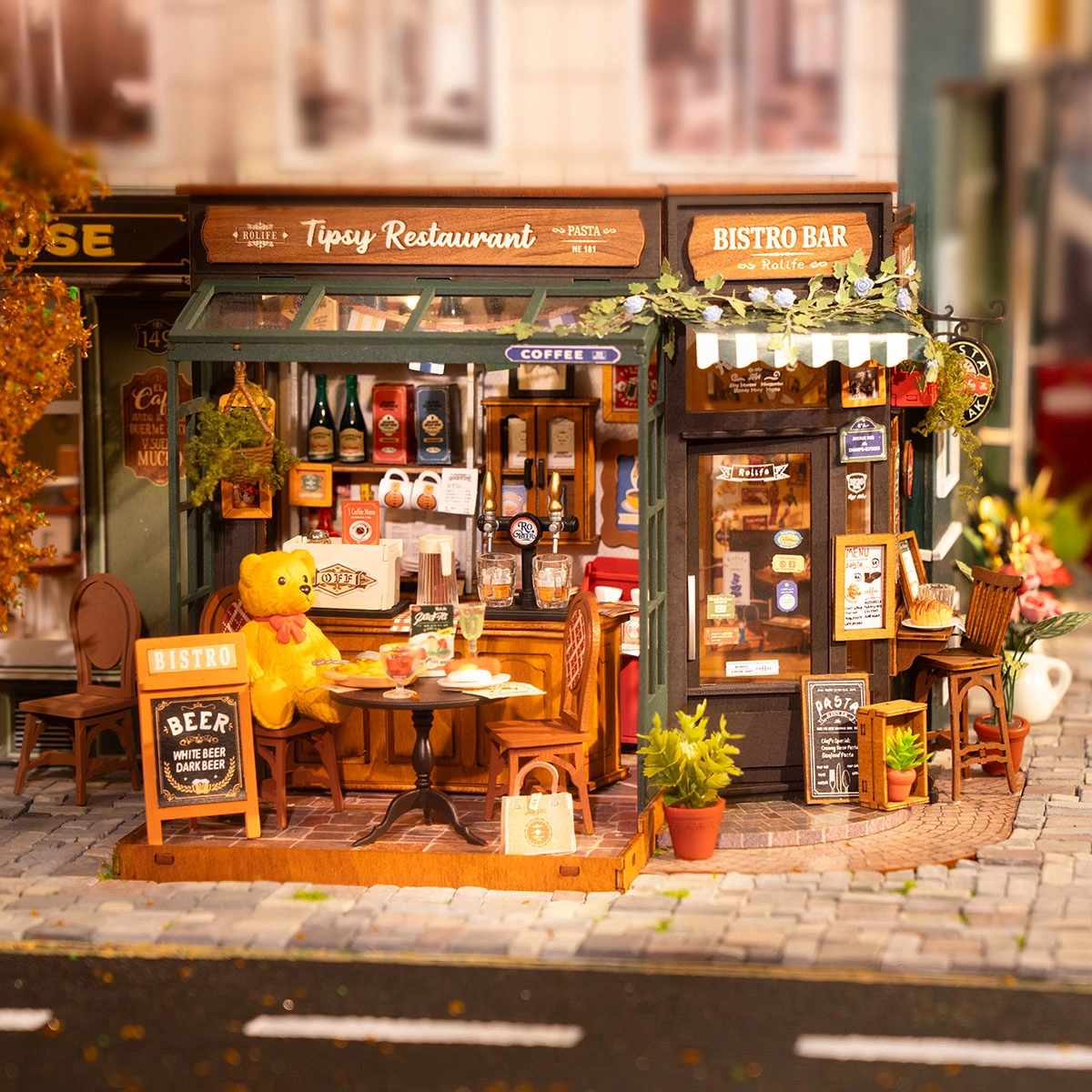 Rolife Tipsy Restaurant DIY Miniature House, Handmade Assembly Micro Scene Model with Lights, Creative Gift detail image 3