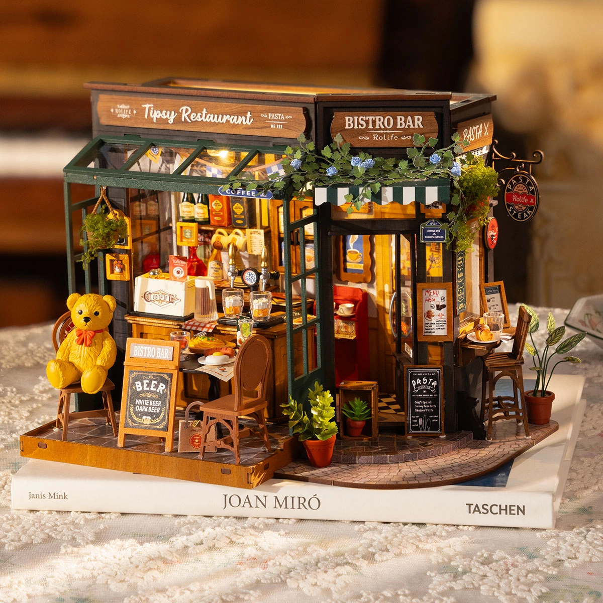 Rolife Tipsy Restaurant DIY Miniature House, Handmade Assembly Micro Scene Model with Lights, Creative Gift detail image 5