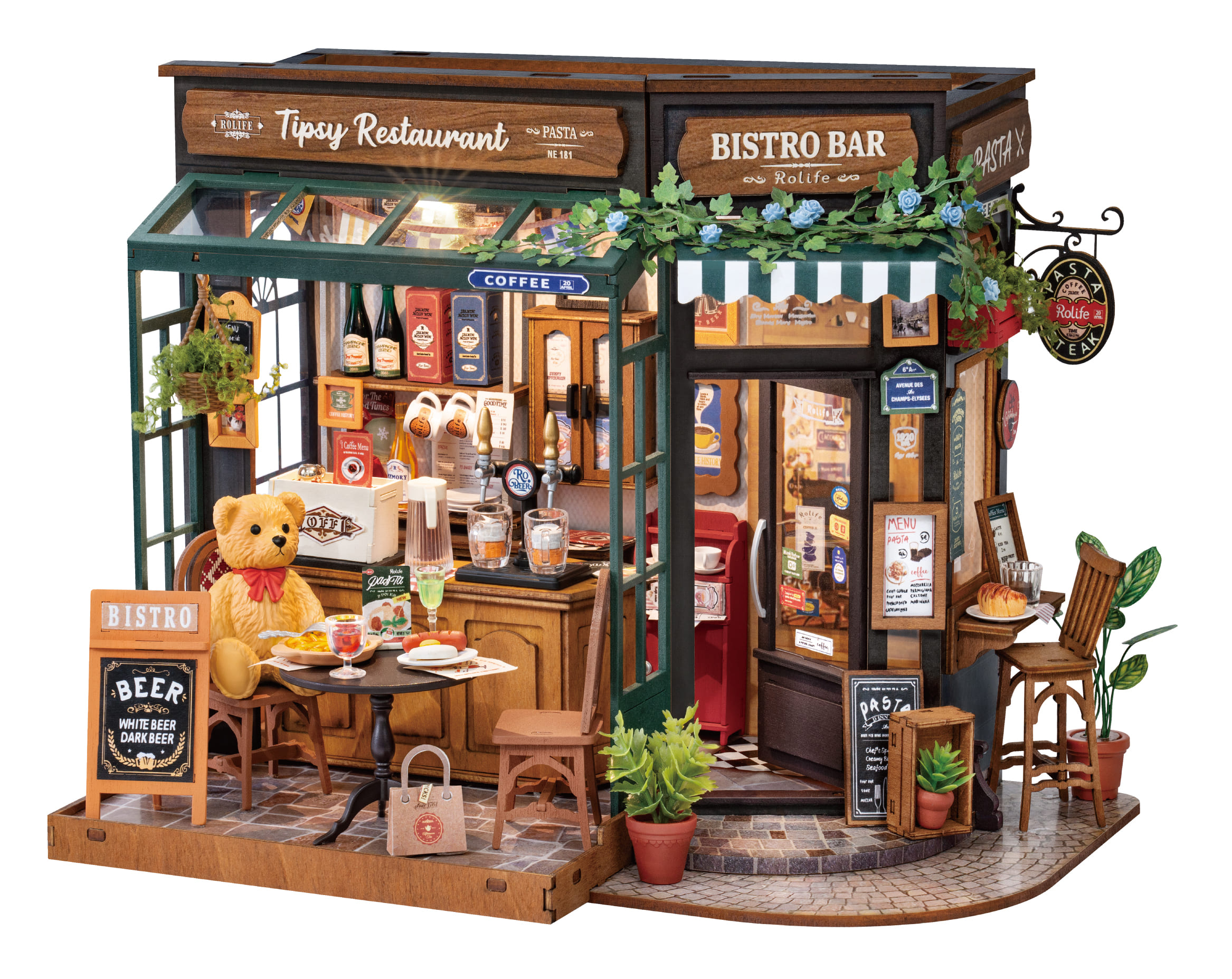 Rolife Tipsy Restaurant DIY Miniature House, Handmade Assembly Micro Scene Model with Lights, Creative Gift