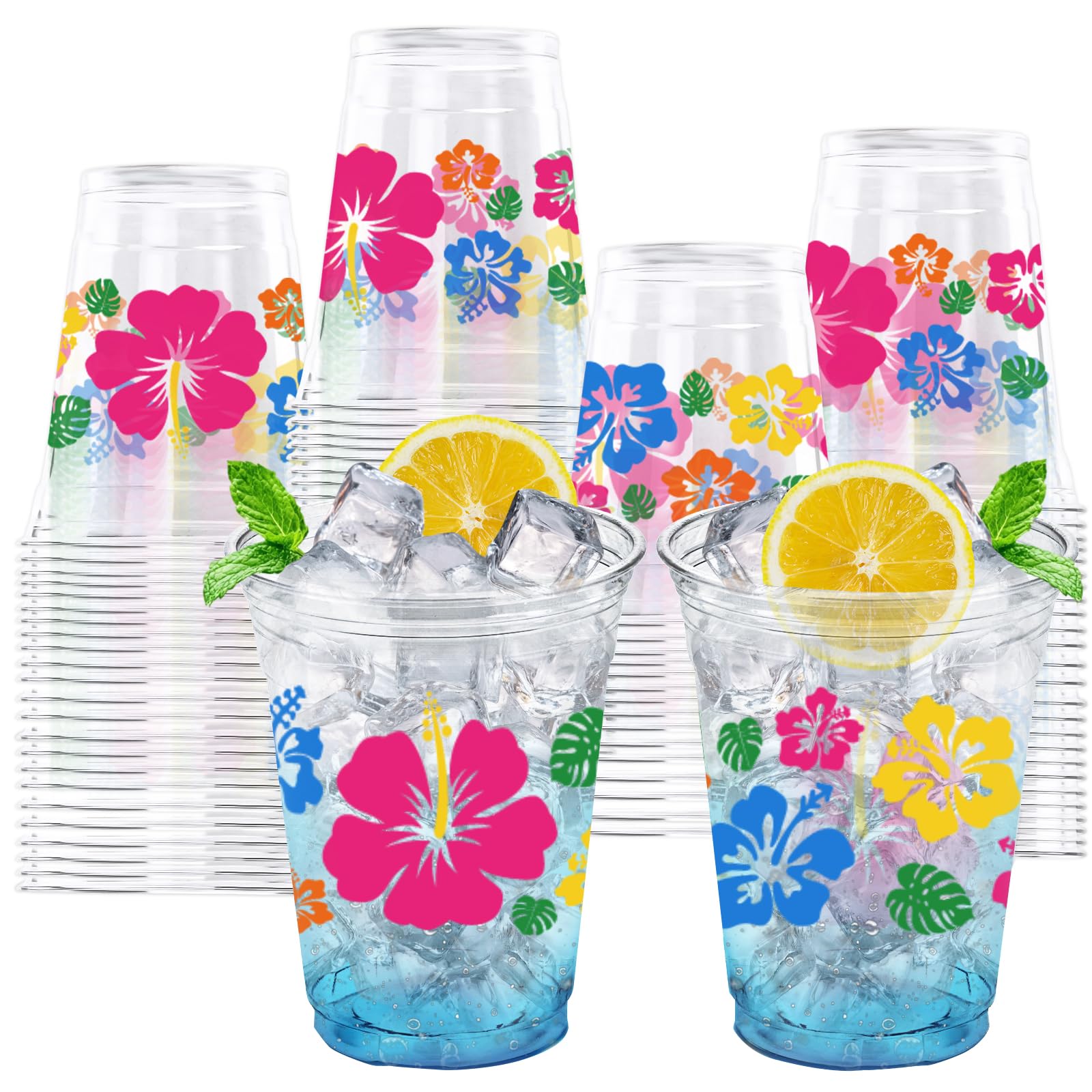 50 PCS Hawaii Hibiscus Flower Disposable Plastic Cups 12 OZ Print Clear Colorful Tropical Flower Drinking Beverage Supplies for Summer Beach Luau Aloha Birthday Baby Shower Party Supplies