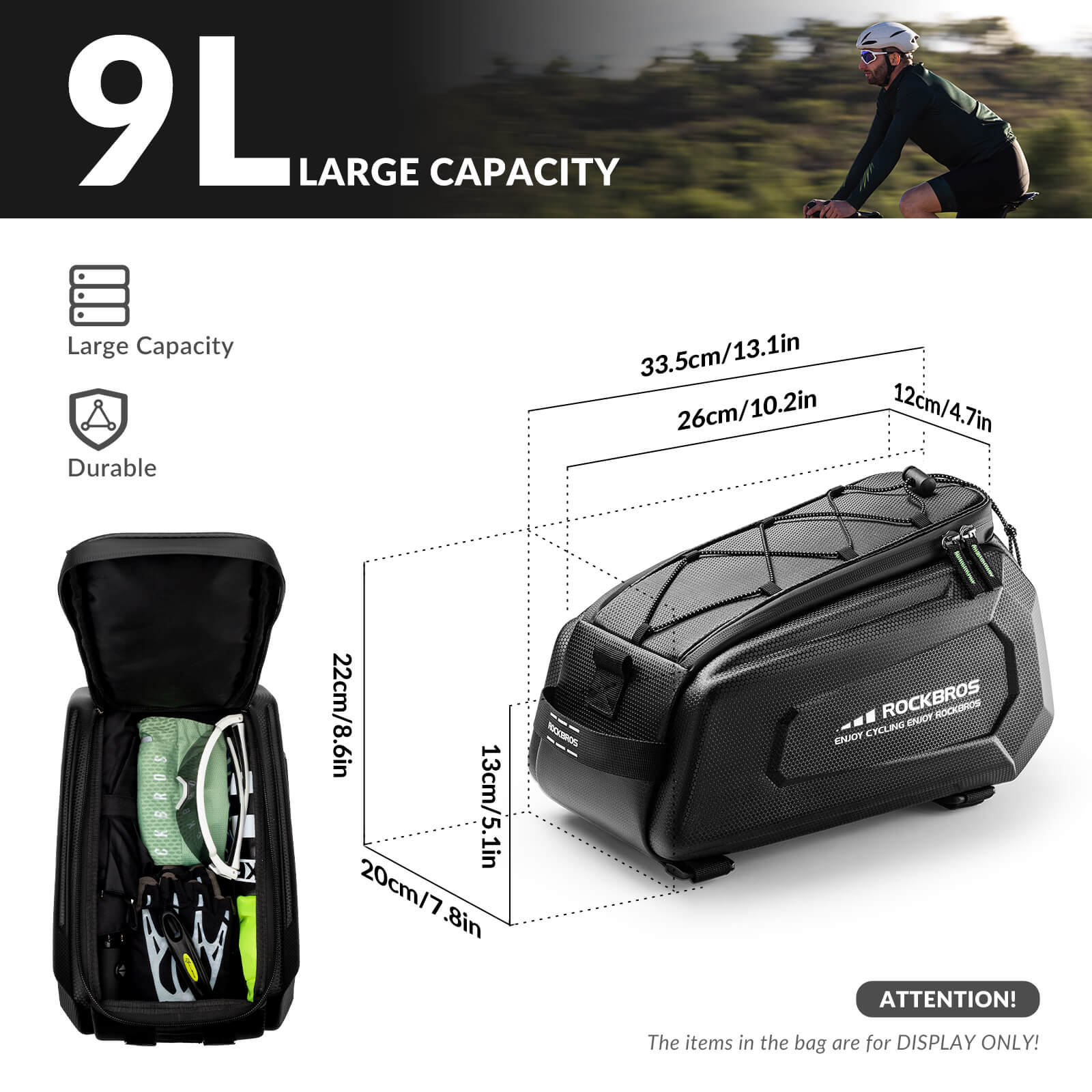 ROCKBROS 9L Bike Trunk Bag, Waterproof Hard Shell Rear Rack Bag, Bicycle Cargo Carrier for Commuting Touring detail image 4
