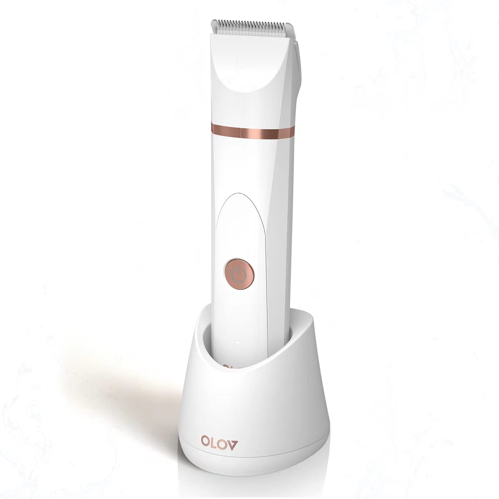 OLOV Electric Body Hair Trimmer - Groin & Bikini Trimmer for Men & Women - Wet/Dry Rechargeable Shaver with Replaceable Ceramic Blades, USB Charging Dock, Waterproof, White