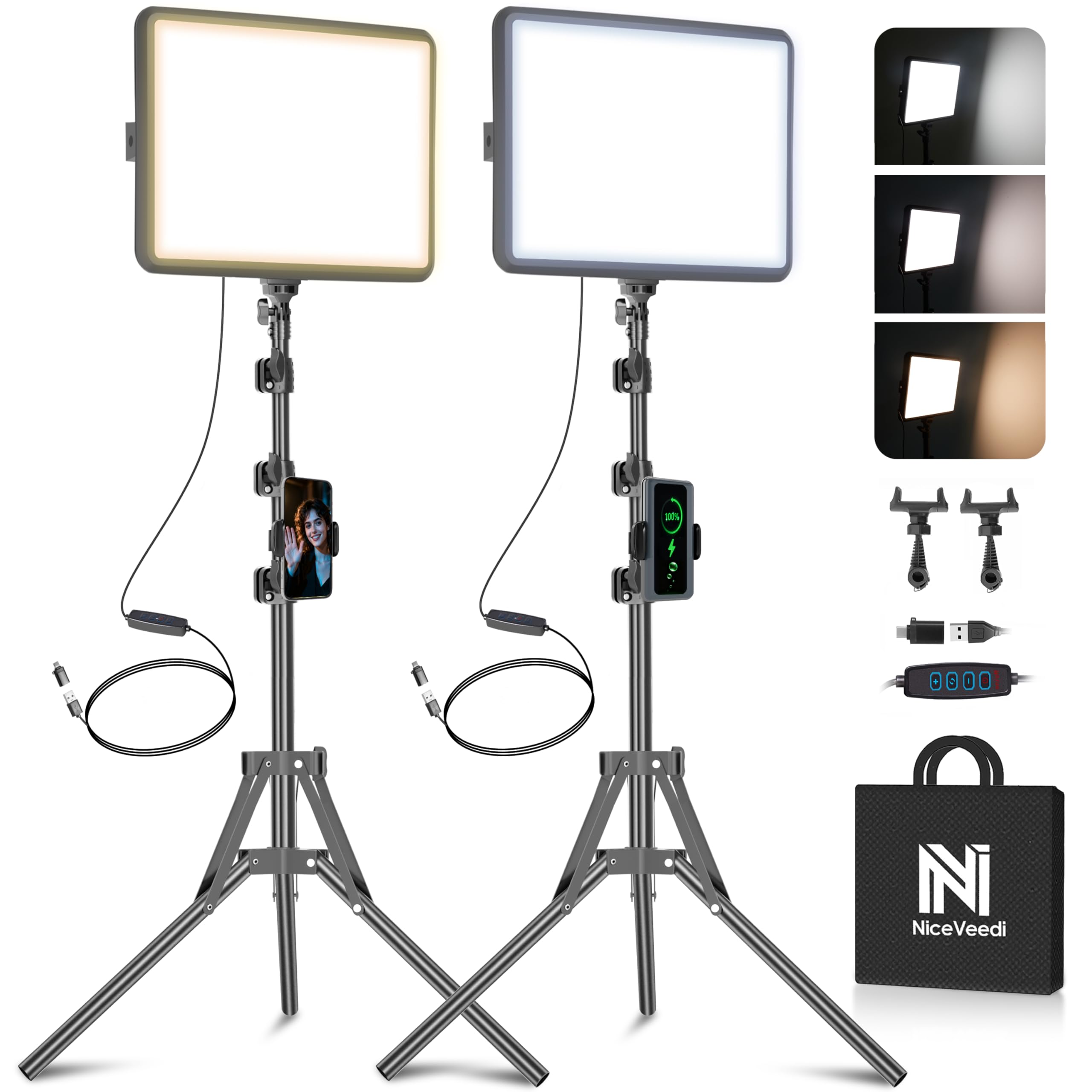 2-Pack LED Video Light Kit, NiceVeedi 2800–6500K Dimmable Studio Lights with Tripods & Phone Holder, 73" Stream Light for Recording, Streaming, YouTube