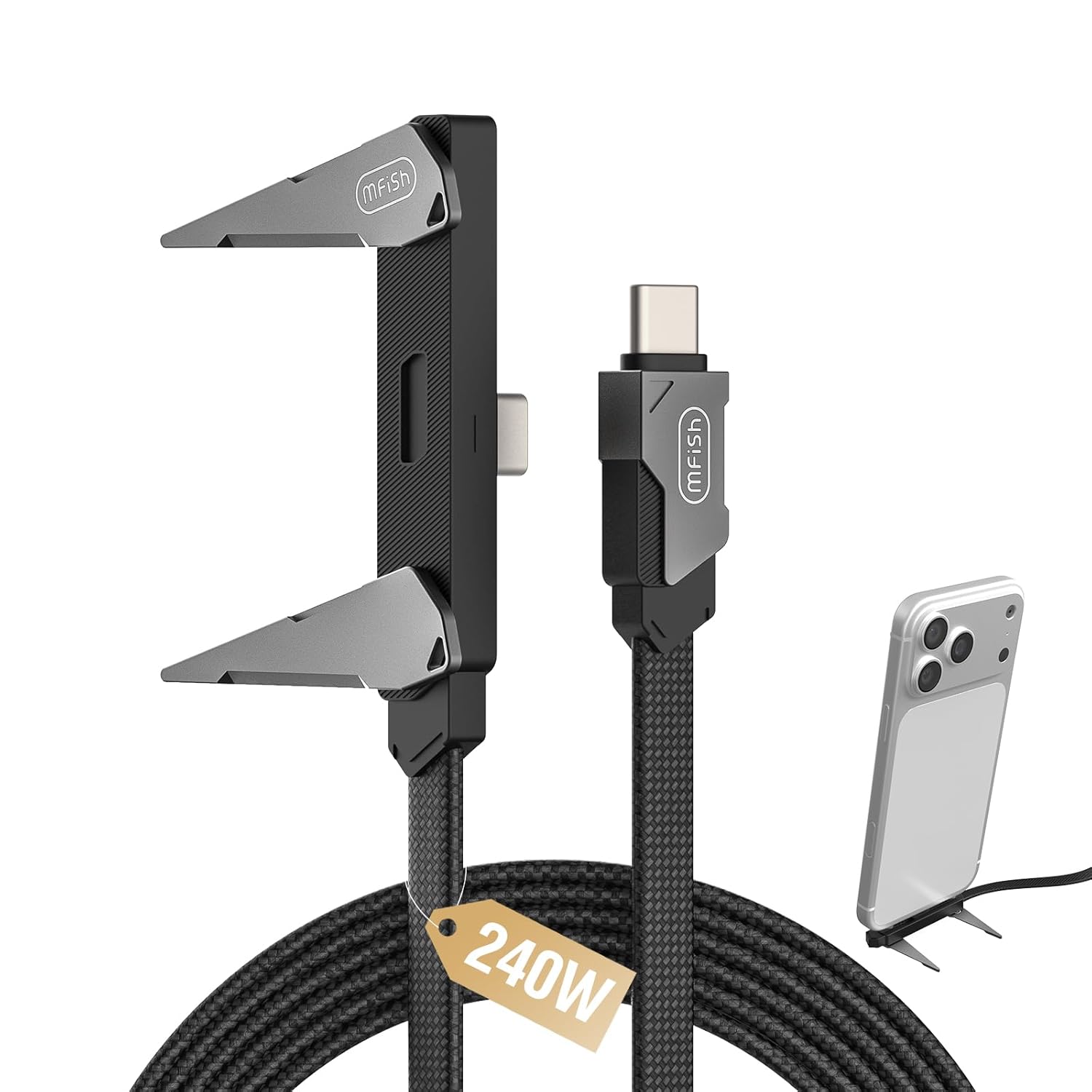 MFish 240W USB-C to USB-C Fast Charging Cable — Type-C Quick Charge Cable with T-Shape Stand, 90° Right-Angle Gaming Cable, Compatible with iPhone 17/16/15, MacBook, Tablets, Galaxy S25/S24, Durable Braided Cable, 3.93 ft