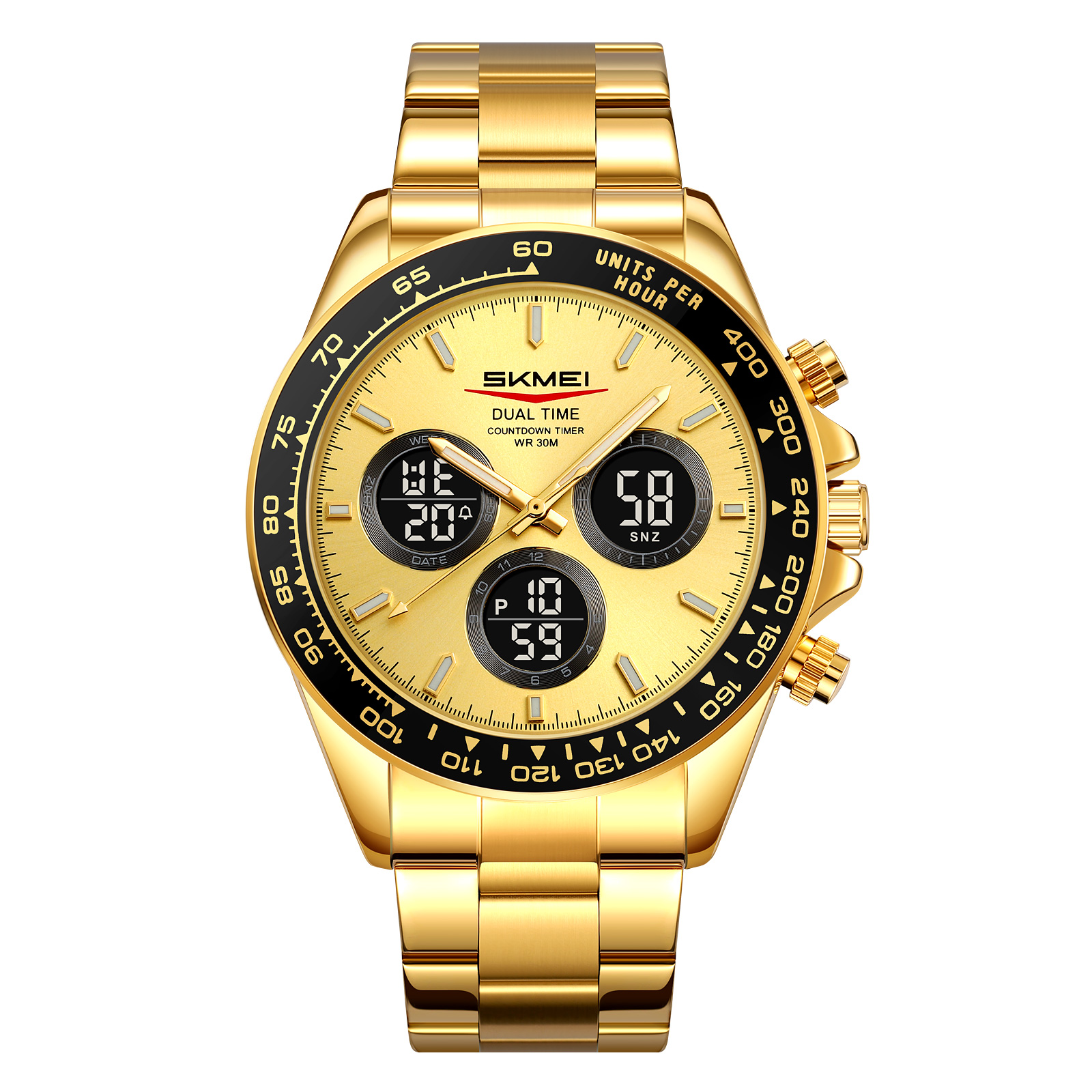 SKMEI 2587 Men's Gold Stainless Steel Dual-Display Sports Watch — Multifunctional Electronic Wristwatch, 30M Water Resistant, Large Dial, Stopwatch & Countdown — Premium Gift