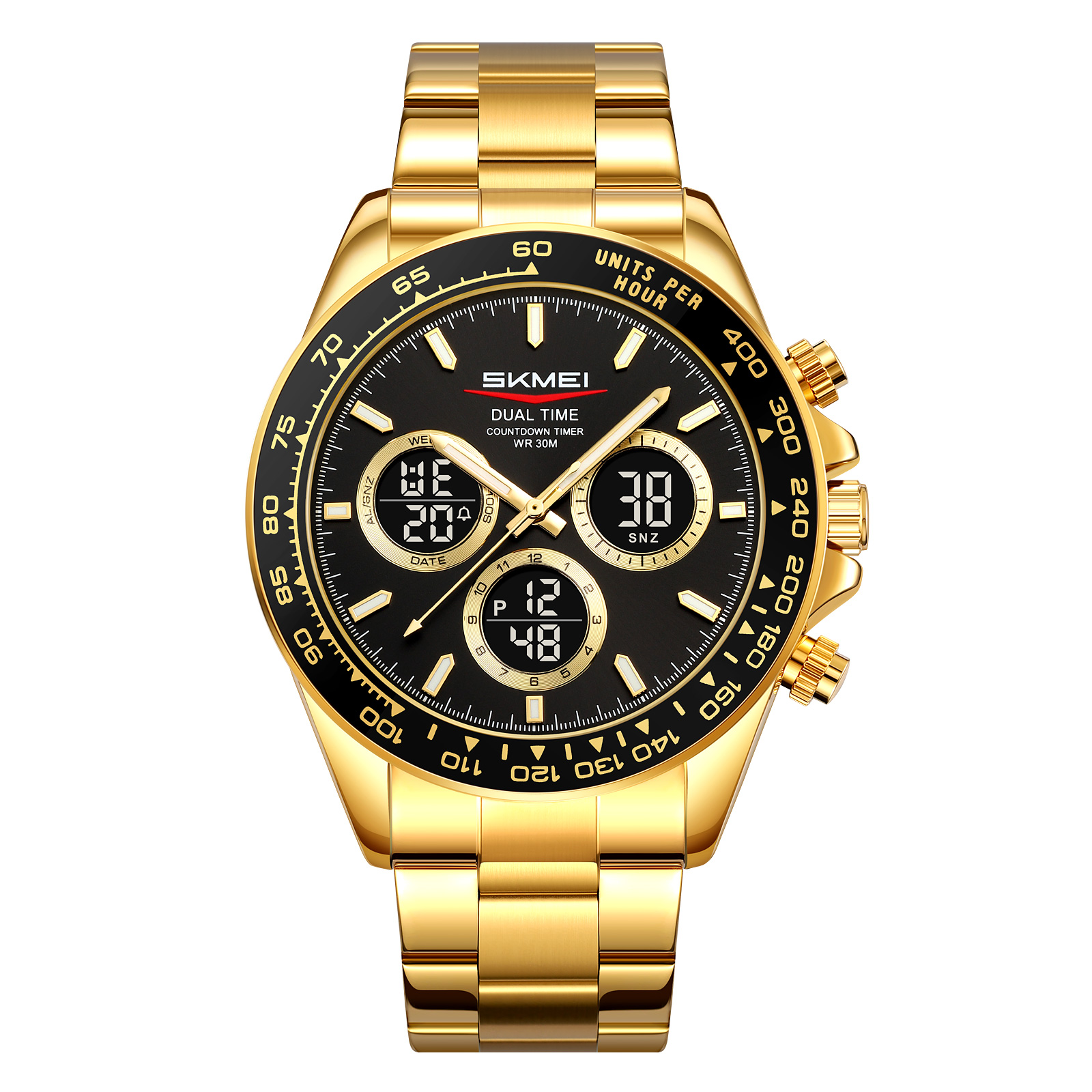 SKMEI 2587 Men's Gold Stainless Steel Dual-Display Sports Watch — Multifunctional Electronic Wristwatch, 30M Water Resistant, Large Dial, Stopwatch & Countdown — Premium Gift