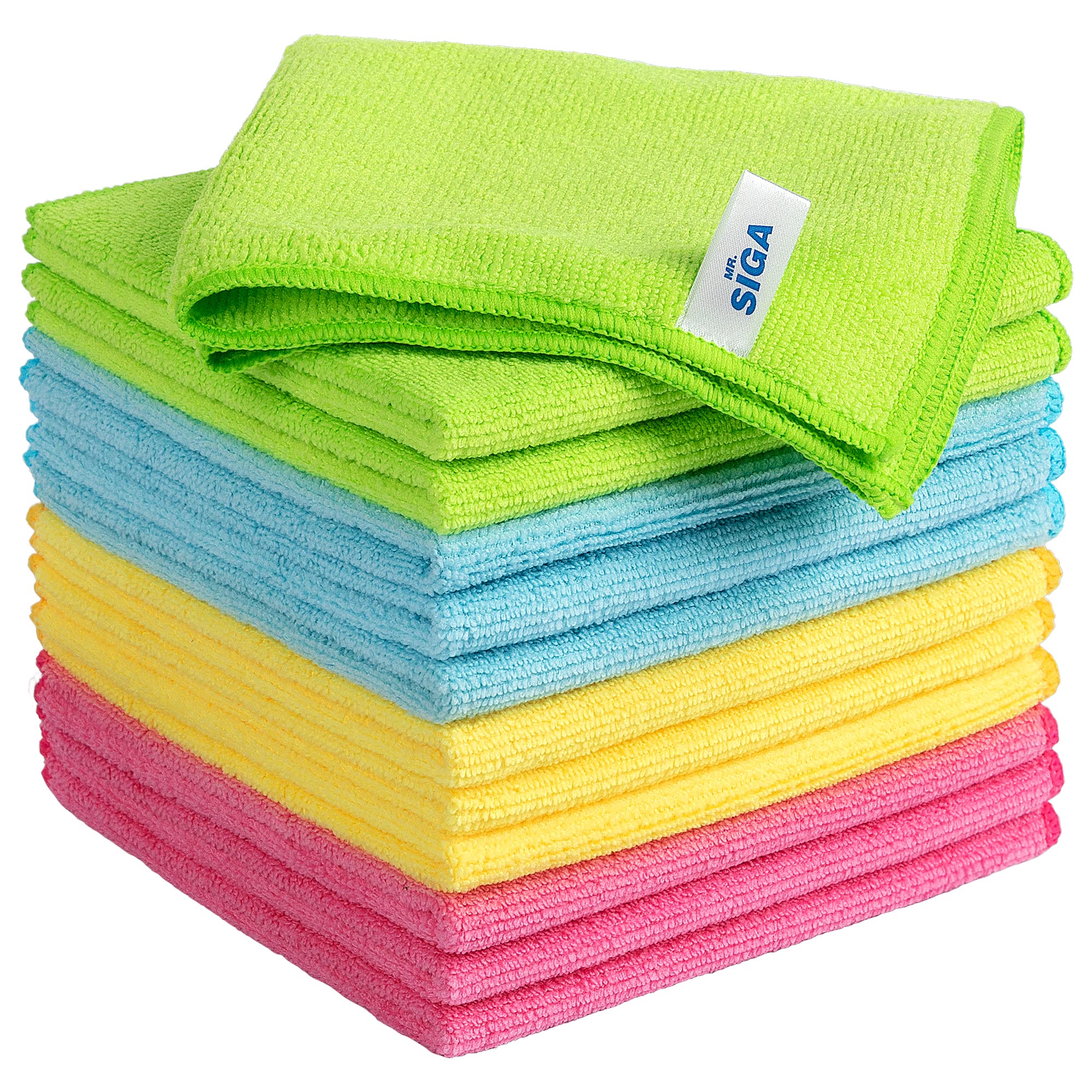 MR. SIGA Microfiber Cleaning Cloths, Streak Free Microfiber Towels, 12 Pack | Ultra absorbent and high density, reusable cleaning towels for kitchen, car, glass and household surfaces, color coded cloths
