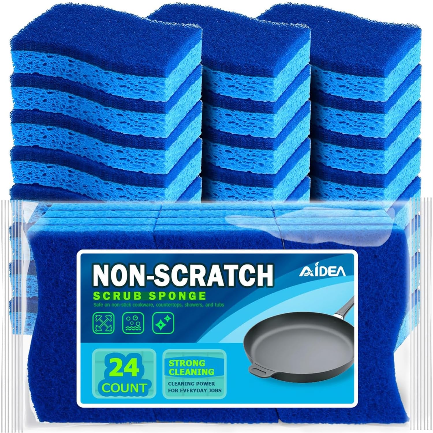 AIDEA Non-Scratch Scrub Sponge, 24 Count – Dual-Sided Kitchen Sponges for Safe, Fast Cleaning