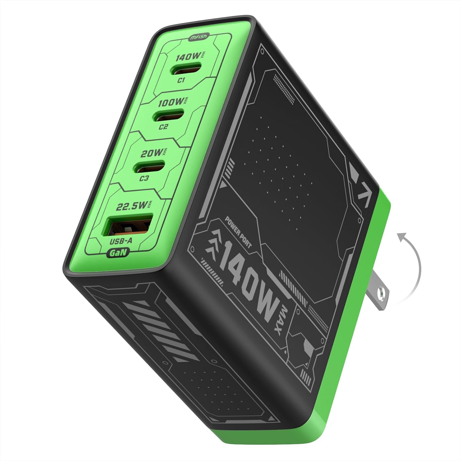 Mfish E-Rhino 140W USB-C Charger, PD 3.1 GaN Fast Charger, 4-Port (3× USB-C + 1× USB-A) with Folding Plug, Power Adapter for MacBook Pro, iPhone, iPad, Galaxy, Tablets and Laptops, Black