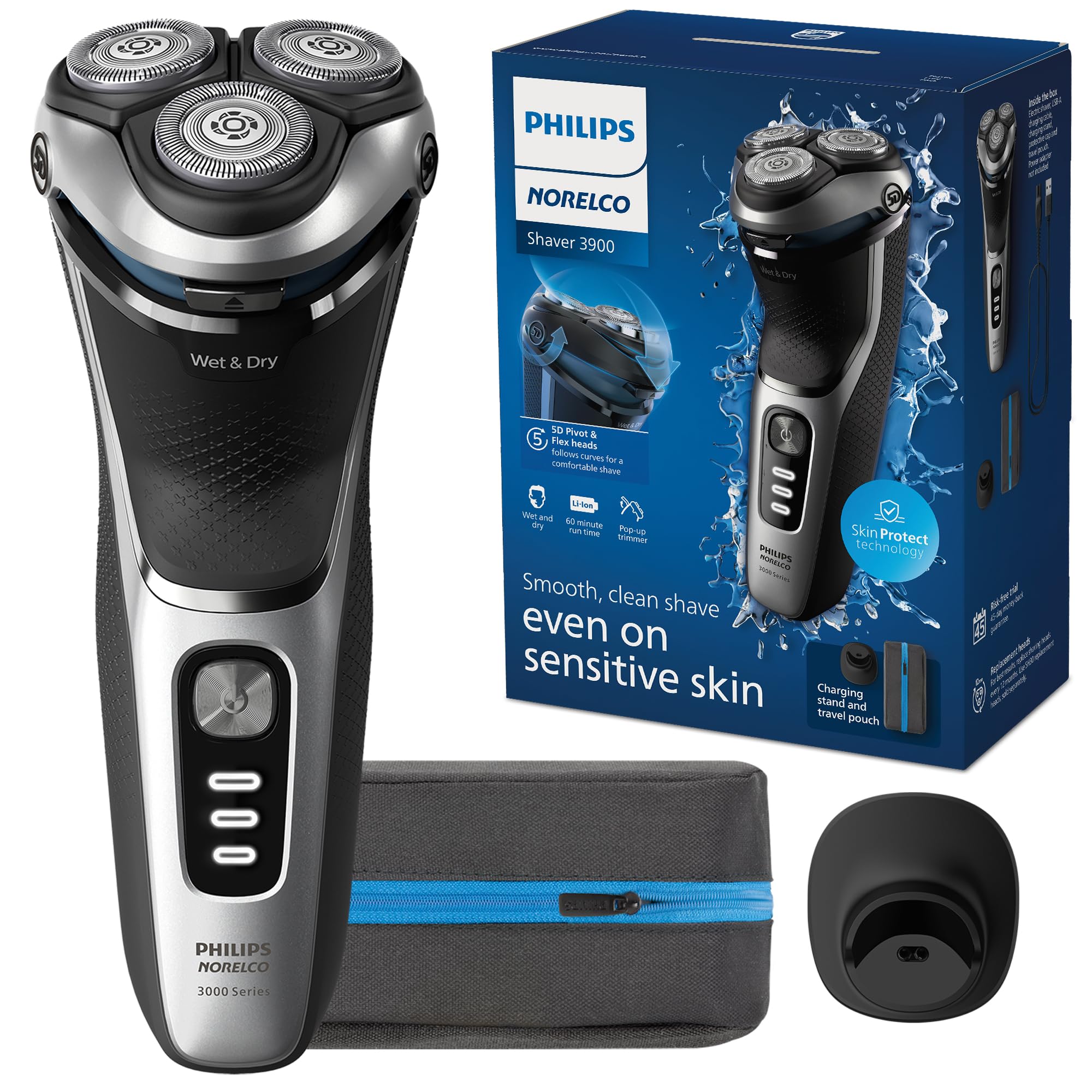 Philips Norelco Shaver 3900 Series Wet & Dry Electric Shaver with P-Cap, Travel Pouch, Charging Stand, USB-A Cable — Storm Blue (Model S3341/92)