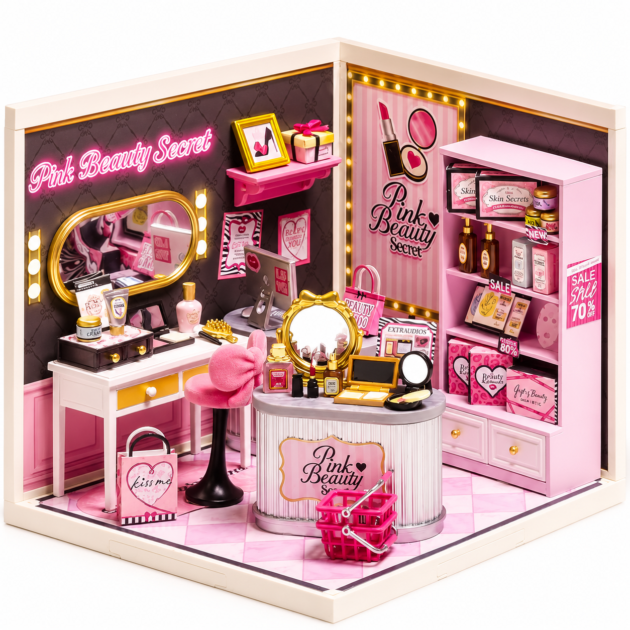 Rolife Super Creator Pink Beauty Secret DW026 Pink Beauty Secret Miniature Room Kit — 115-Piece Snap-Together, No-Glue Makeup Boutique Scene with Type-C LED Lighting, Stackable; Gift for Beauty Lovers & DIY Miniature Fans