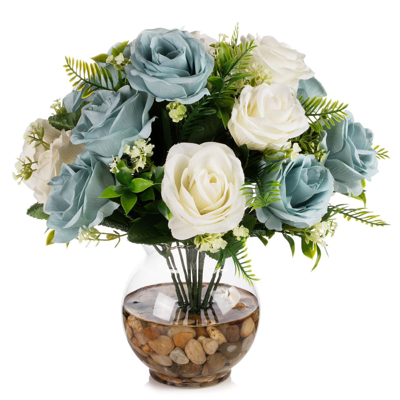 Enova Floral 18-Head Pink Silk Realistic Rose in Glass Vase Arrangement|Faux Water & River Stone Design|Approx. 13-inch Tabletop Decor