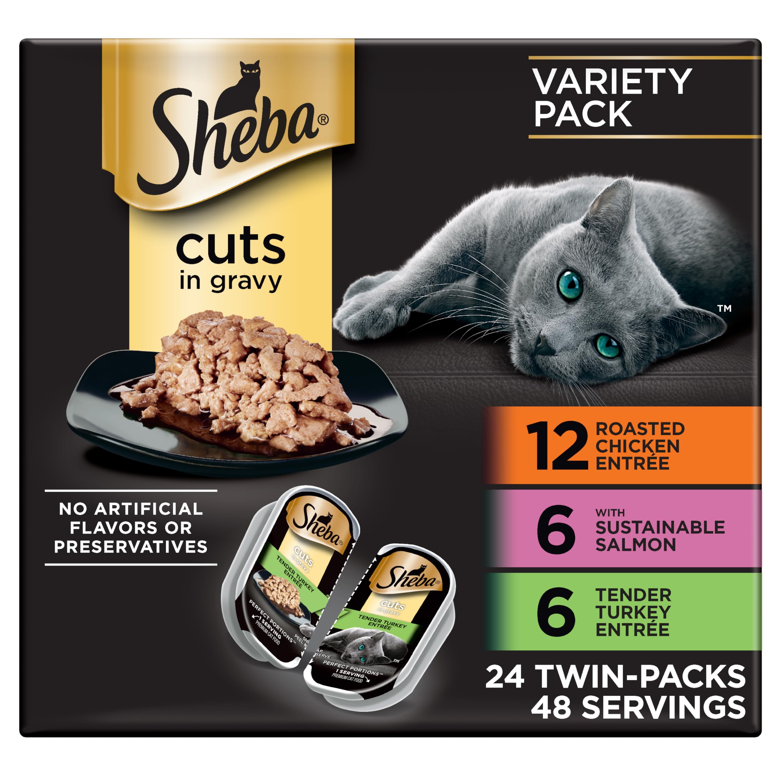 Sheba Perfect Portions Wet Cat Food Cuts in Gravy, Roasted Chicken, Sustainable Salmon & Tender Turkey Entrees, 2. 6 oz Twin-Pack Trays (24 Count, 48 Servings)