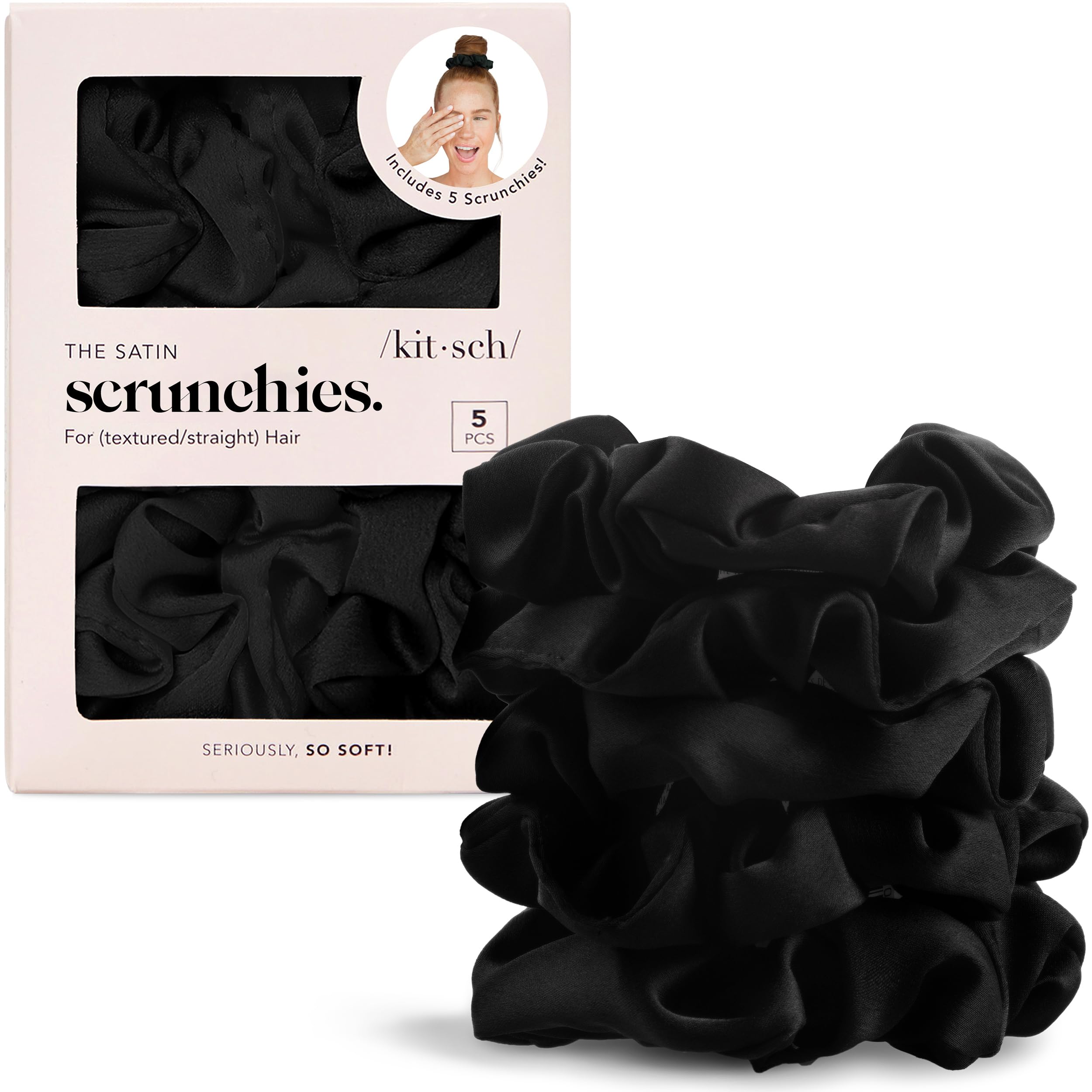 Kitsch Satin Scrunchies for Women | For All Hair Types - Black, 5pcs