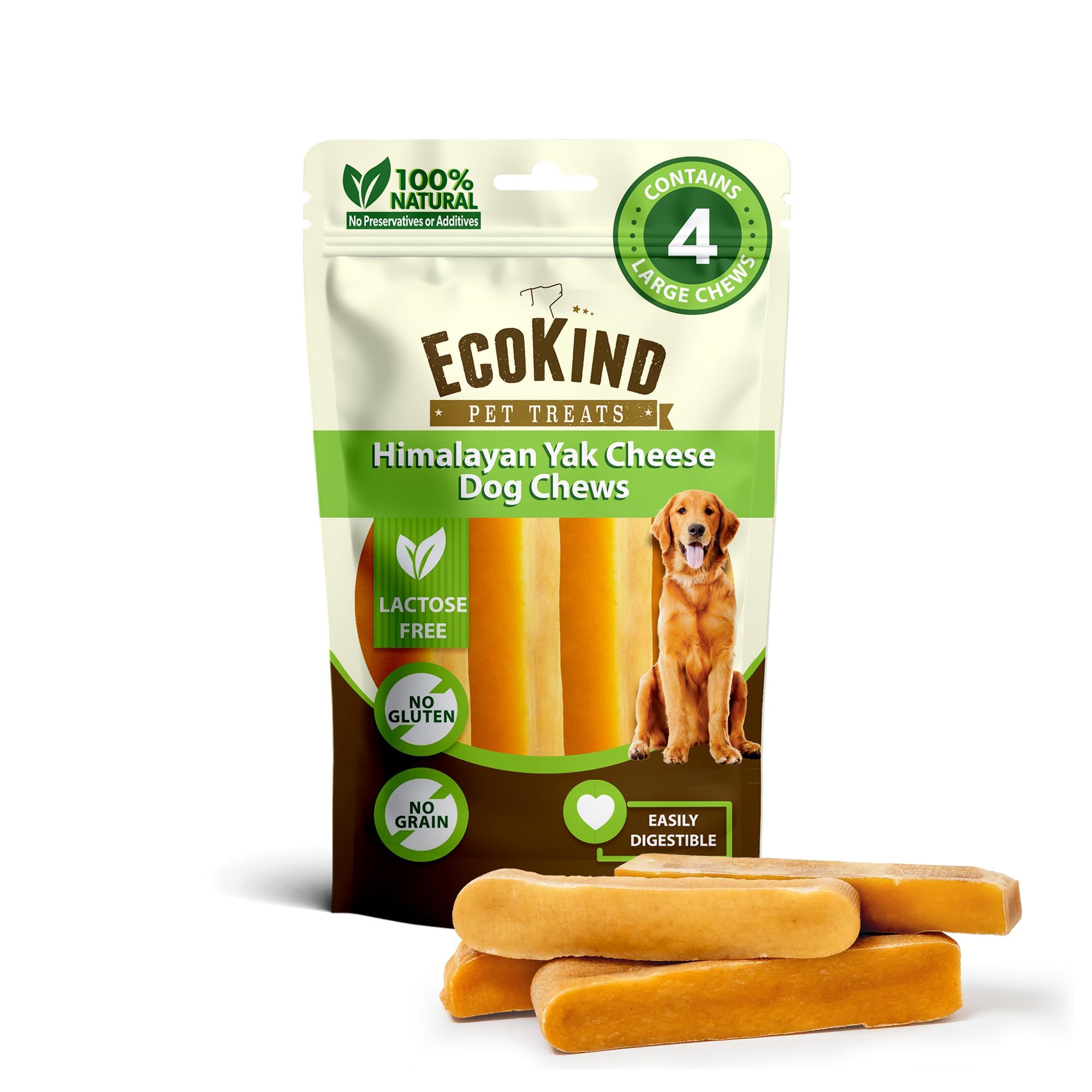 EcoKind Yak Cheese Himalayan Dog Chews, Long-Lasting Natural Yak Chews for Large Dogs, 3-Ingredient High-Protein Treats, No Additives or Lactose, Large - 4 Chews (1 lb)