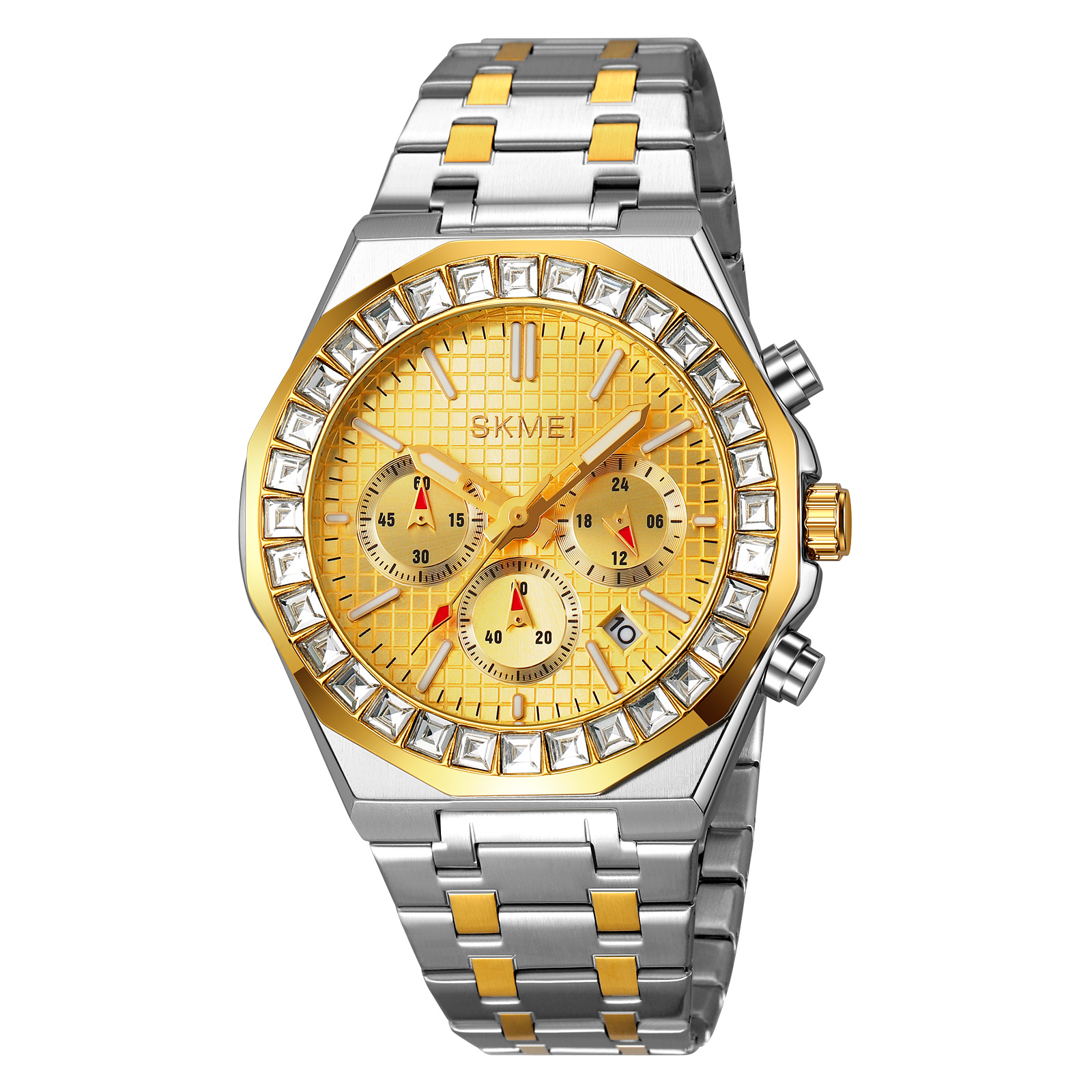 SKMEI 2380 Series Men’s Business Quartz Watch — Two-Tone/Black-Gold Stainless Steel Chronograph, 30M Water Resistant, Date, Large Dial — Gift Quality