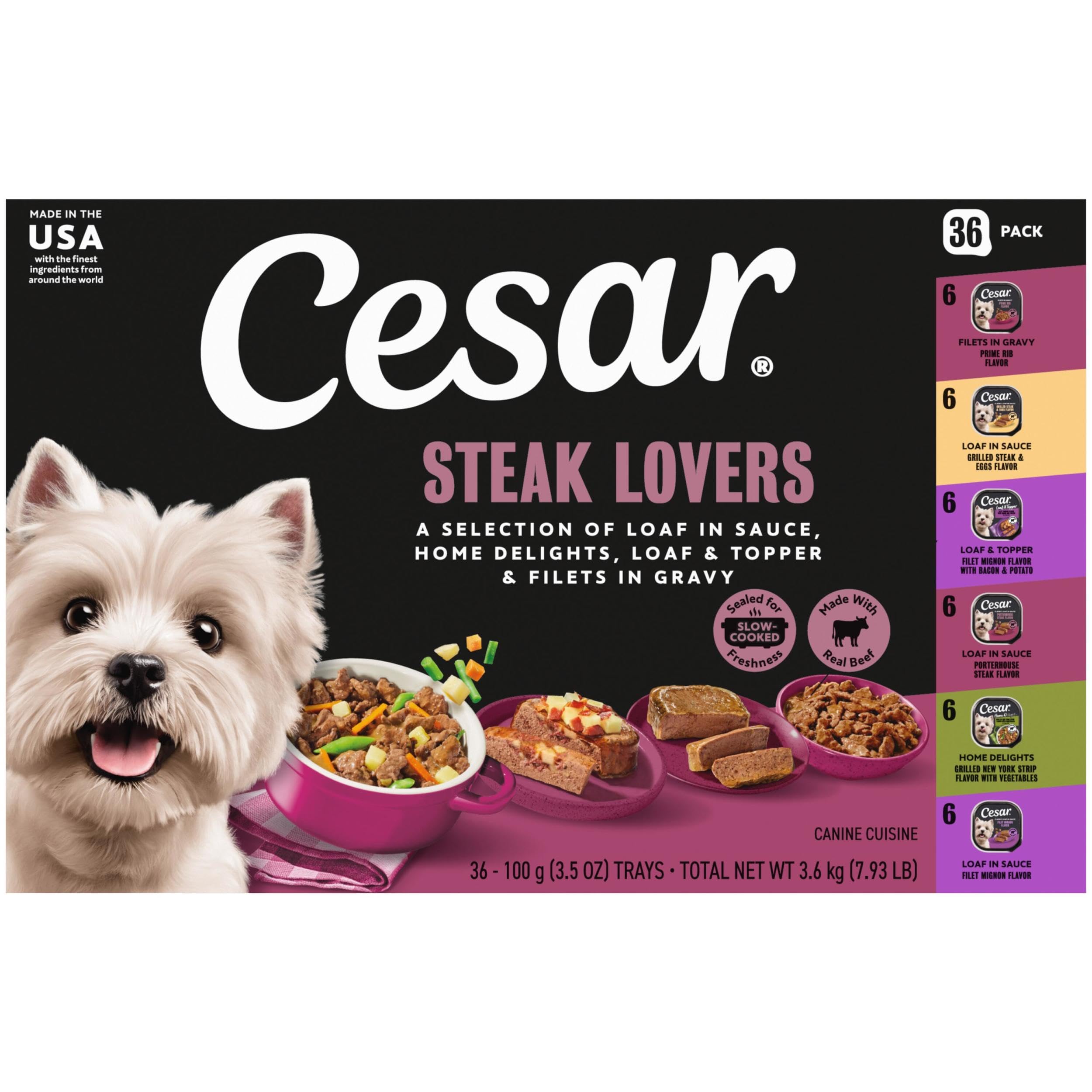 Cesar Adult Wet Dog Food Steak Lovers Variety Pack with Real Meat, 3.5 oz. Easy Peel Trays, 36 Count (Pack of 1)