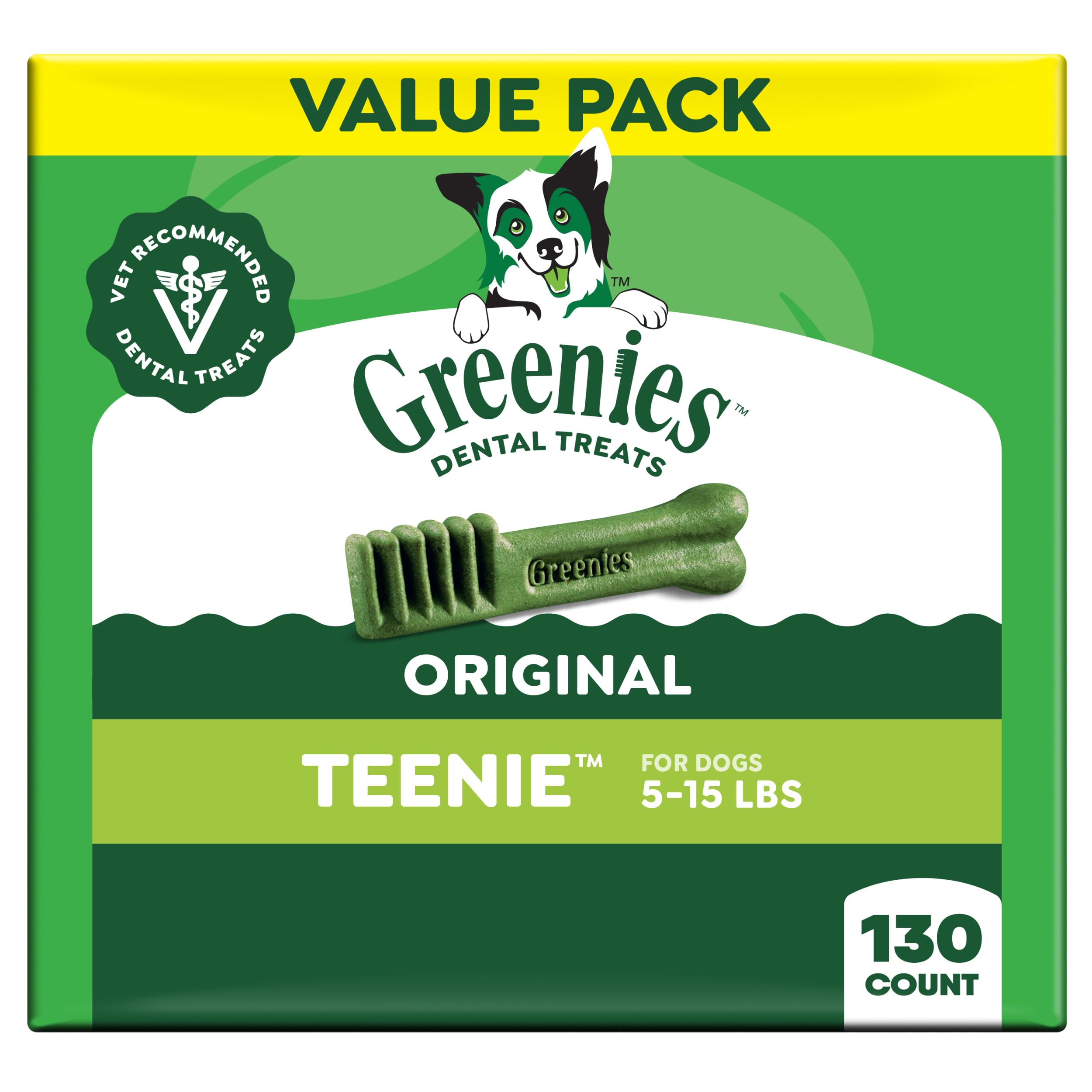 Greenies Veterinarian-Recommended Adult Natural Dental Dog Treats Teenie Size, Dog Dental Chews, Original Flavor, 36 oz. Pack, 130 Count