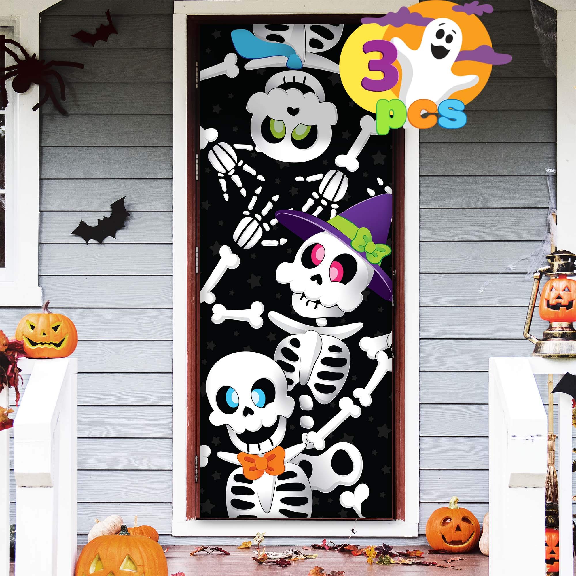 JOYIN 3 Pcs 30”x72” Door Cover Skeleton Halloween Decorations Indoor, Haunted House Home Decor Stickers Party Supplies Favors for Garage Window Wall Cute