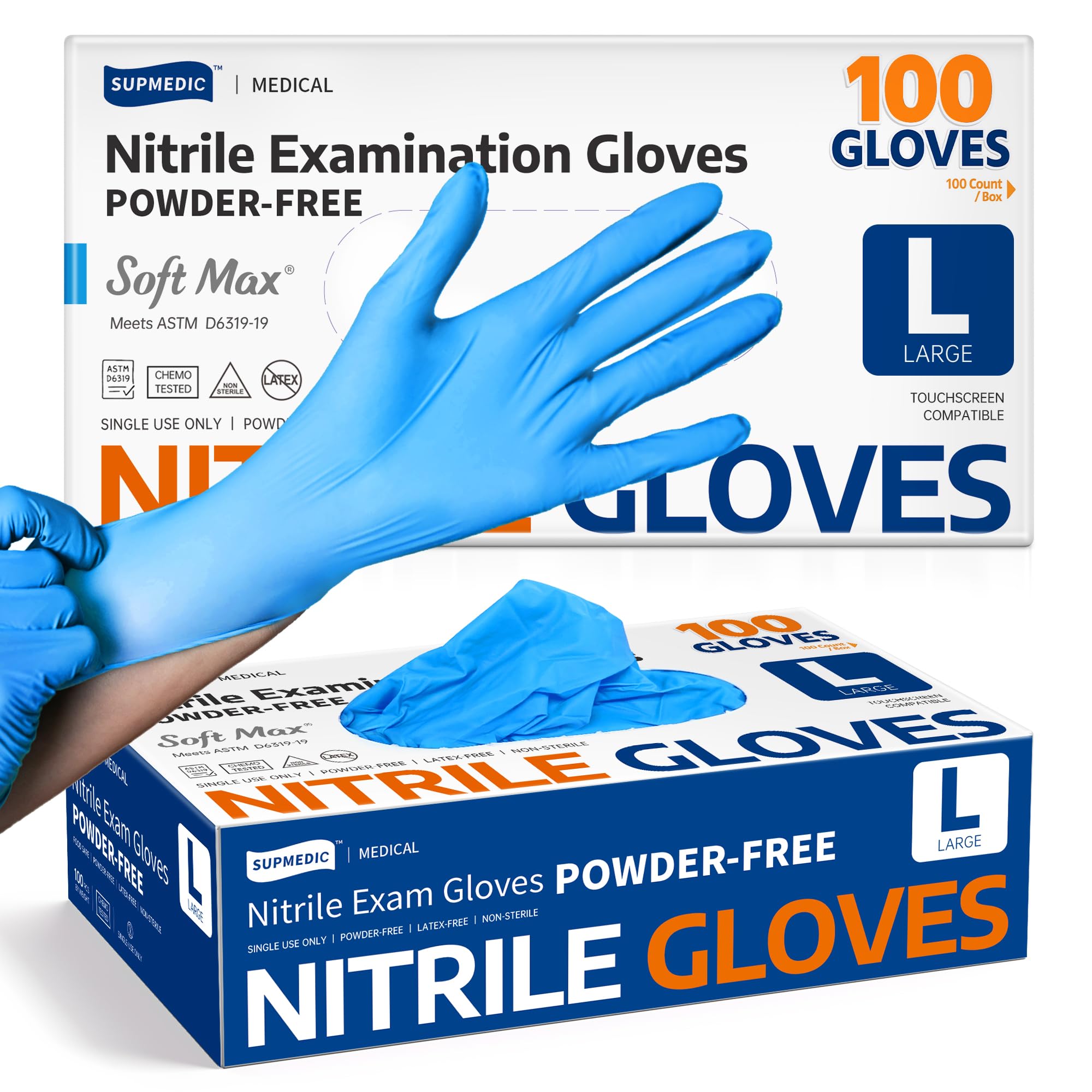 Supmedic Medical Soft Max™ Nitrile Exam Gloves, 100 Count Latex-Free Powder-Free Non-Sterile Food Safe Disposable Glove, Blue