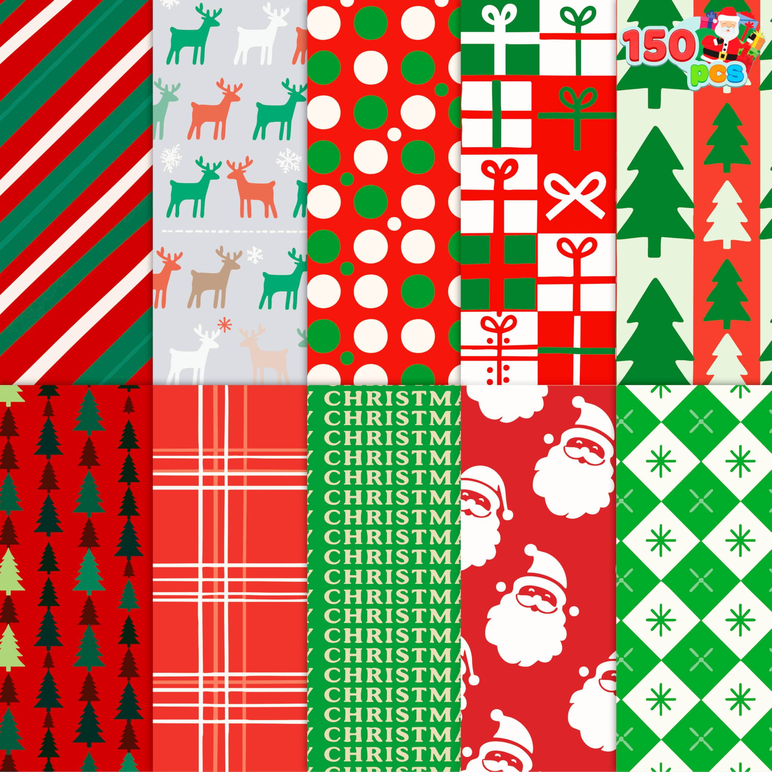 JOYIN Christmas Wrapping Paper, 150 Sheets, 20 x 20 in (≈50. 8 x 50. 8 cm), Multiple Holiday Designs, Double-Sided Print