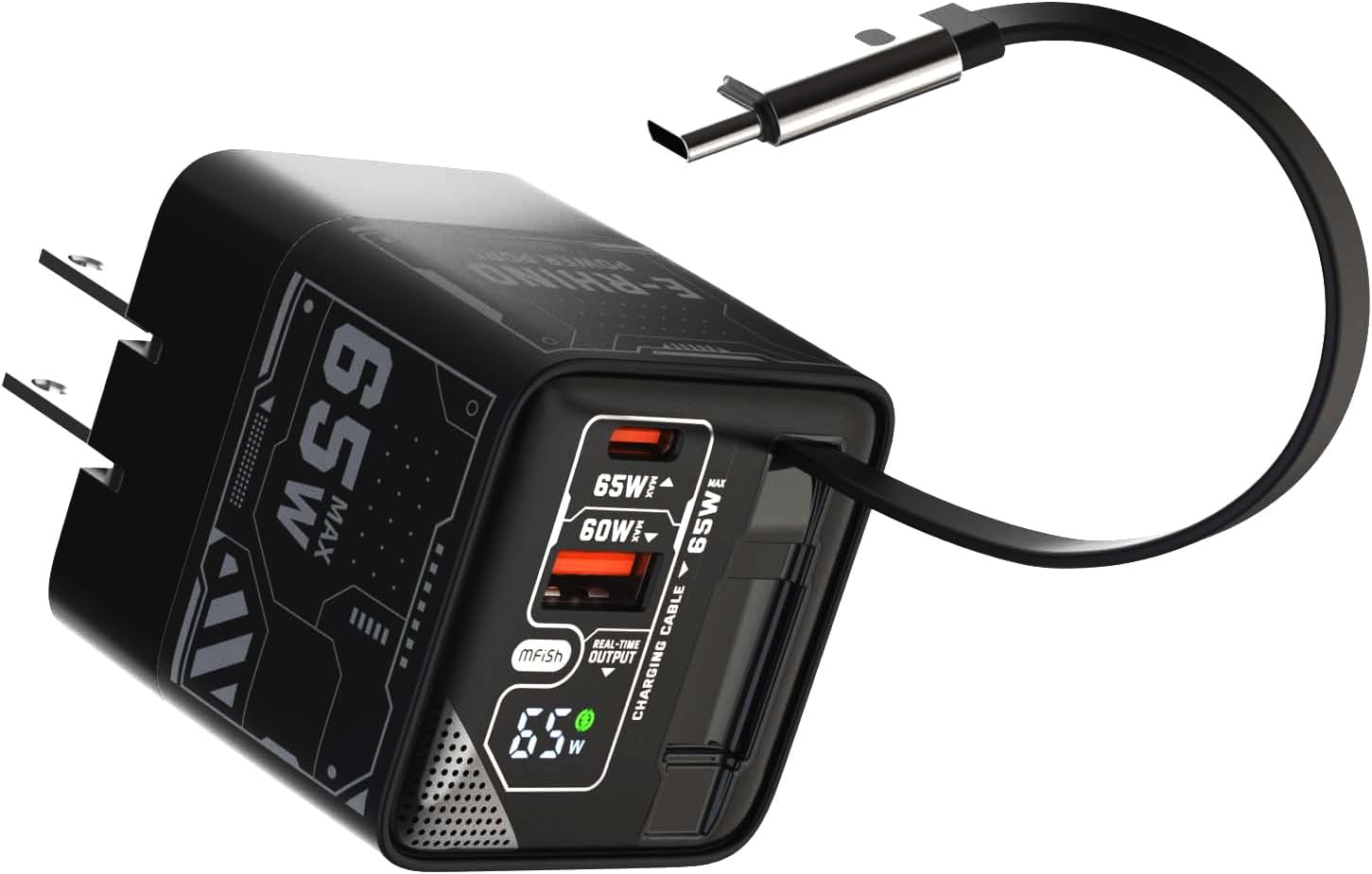 MFish 65W GaN Fast Wall Charger with Built-in 2.6 ft Retractable USB-C Cable, USB-C + USB-A Ports, Digital Power Display — Compatible with iPhone, iPad, MacBook, Samsung Galaxy