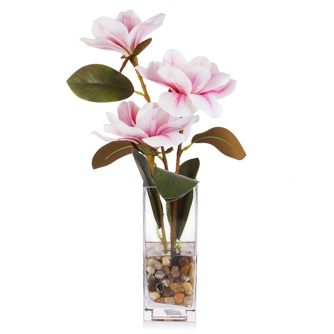 Enova Floral Real Touch Magnolia with Glass Vase — Realistic 18-inch Desktop Floral Décor