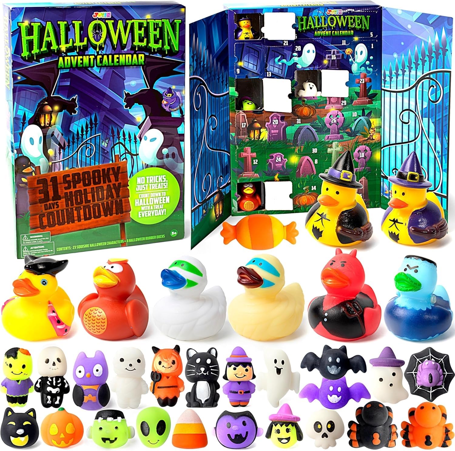 JOYIN 2026 Halloween Advent Calendar with 31 Surprise Toys — Mochi Squeeze Toys & Surprise Rubber Ducks, Countdown to Halloween Kids Party Gift