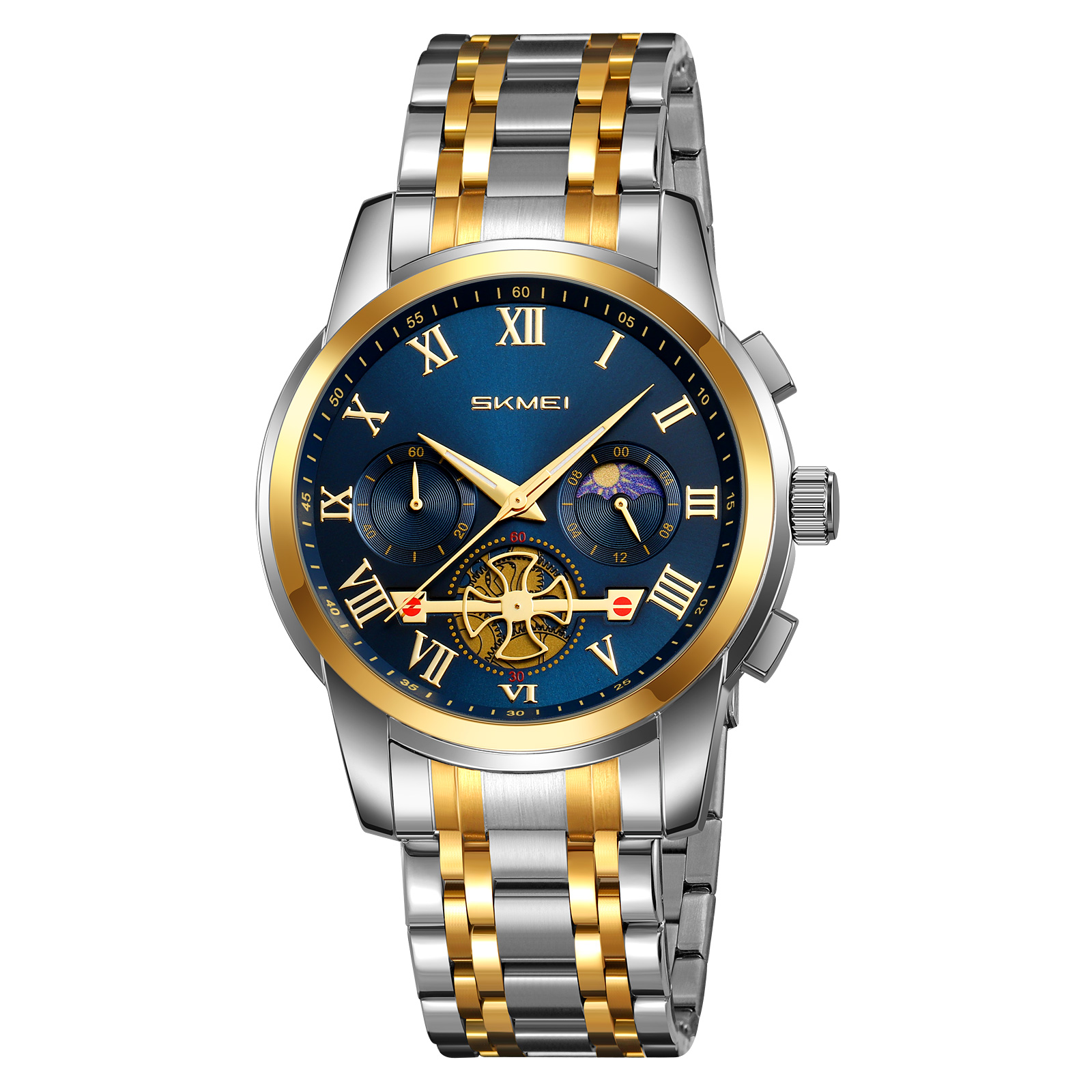 SKMEI 9394 Men’s Moonphase Quartz Watch Stainless Steel Bracelet Business Casual 30M Water Resistant Chronograph Gift