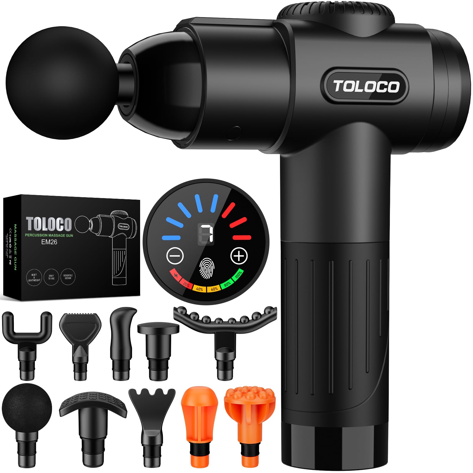 TOLOCO Deep Tissue Massage Gun with 10 Heads, Silent Brushless Motor, Portable Percussion Massager
