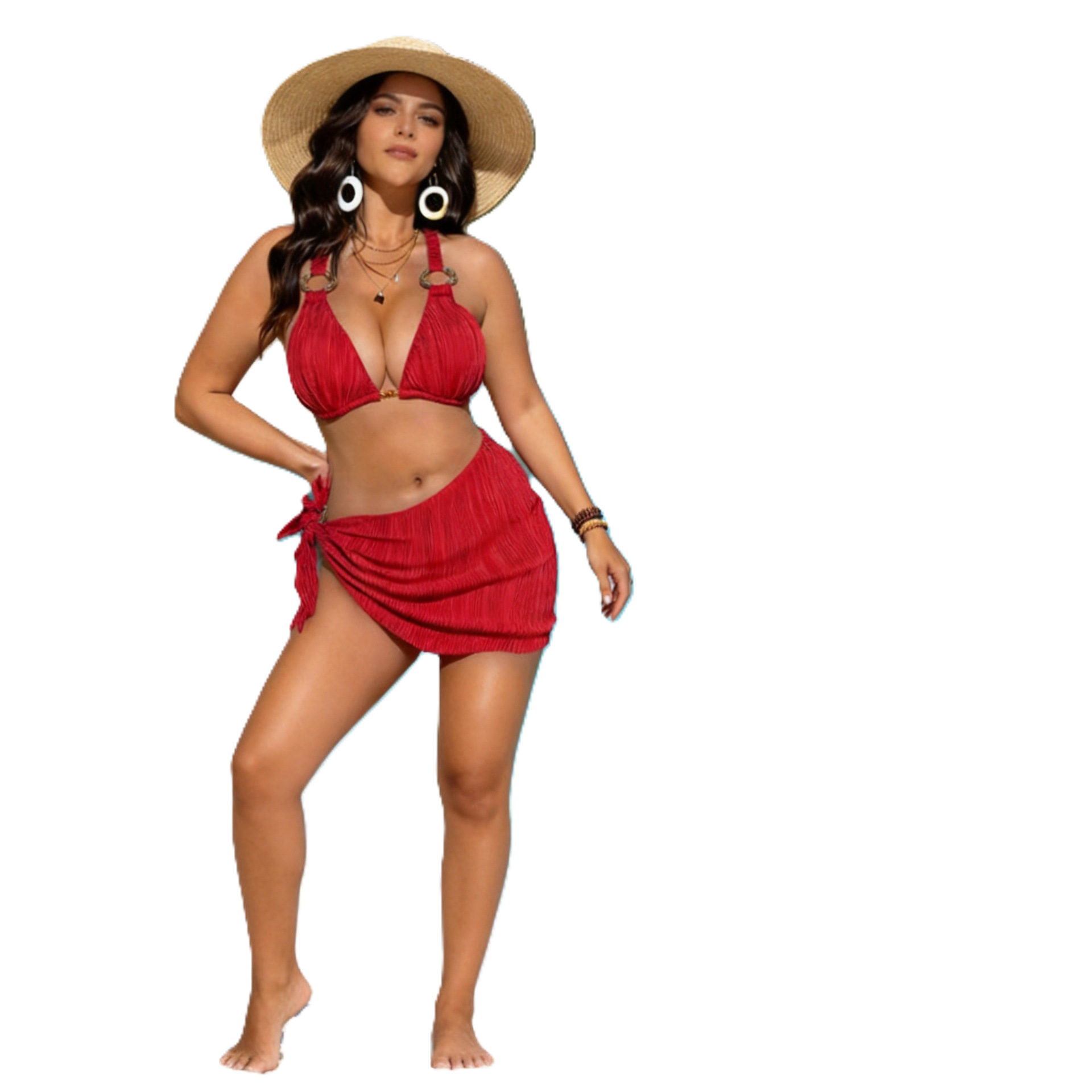Conjunto de bikini de tres piezas para talla grande, tejido texturizado con escote en V, decoración de anillos metálicos y pareo con nudo lateral