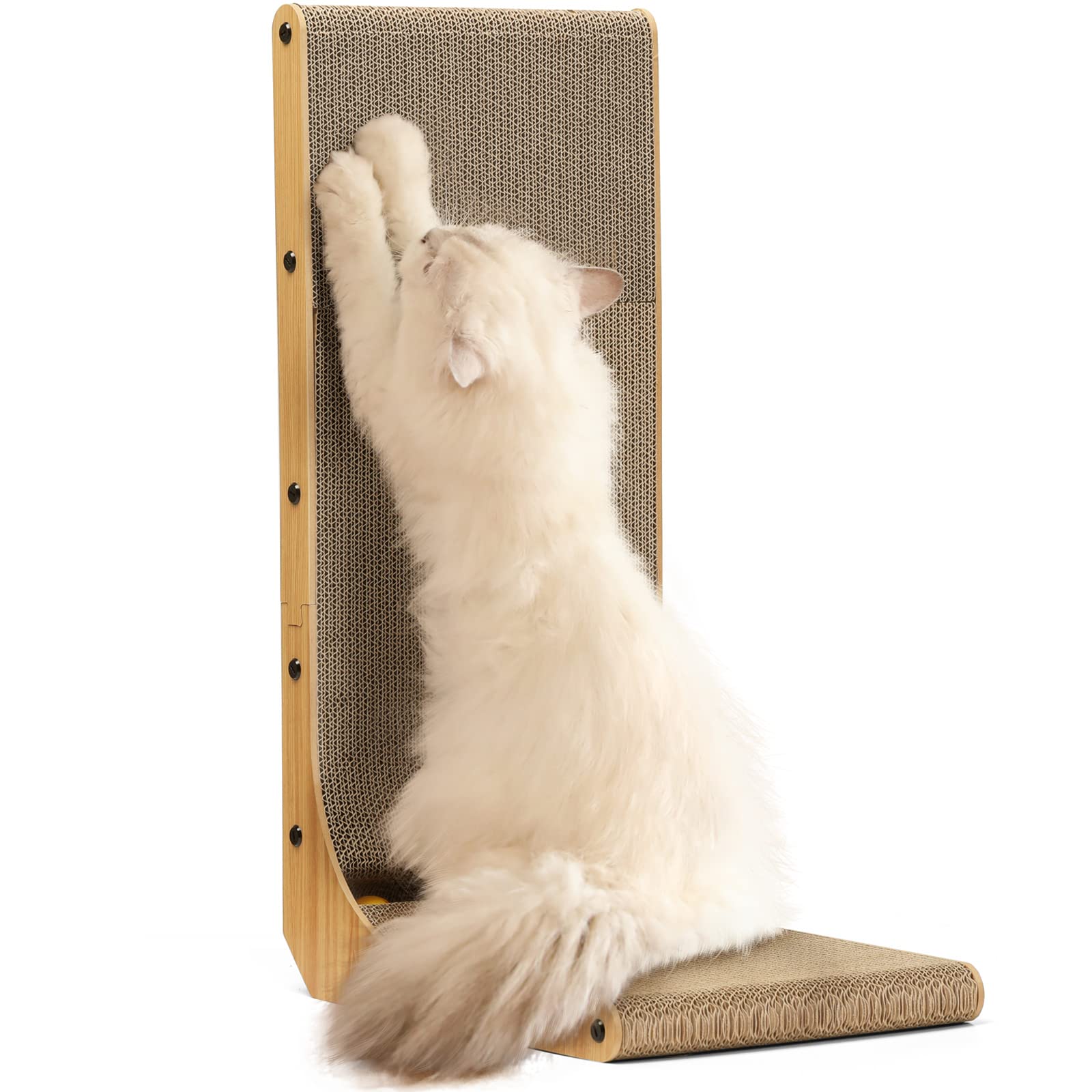 FUKUMARU Cat Scratcher, 26. 8 Inch L-Shaped Wall/Floor Scratching Pad with Rolling Ball, Large Cardboard Scratcher for Indoor Cats