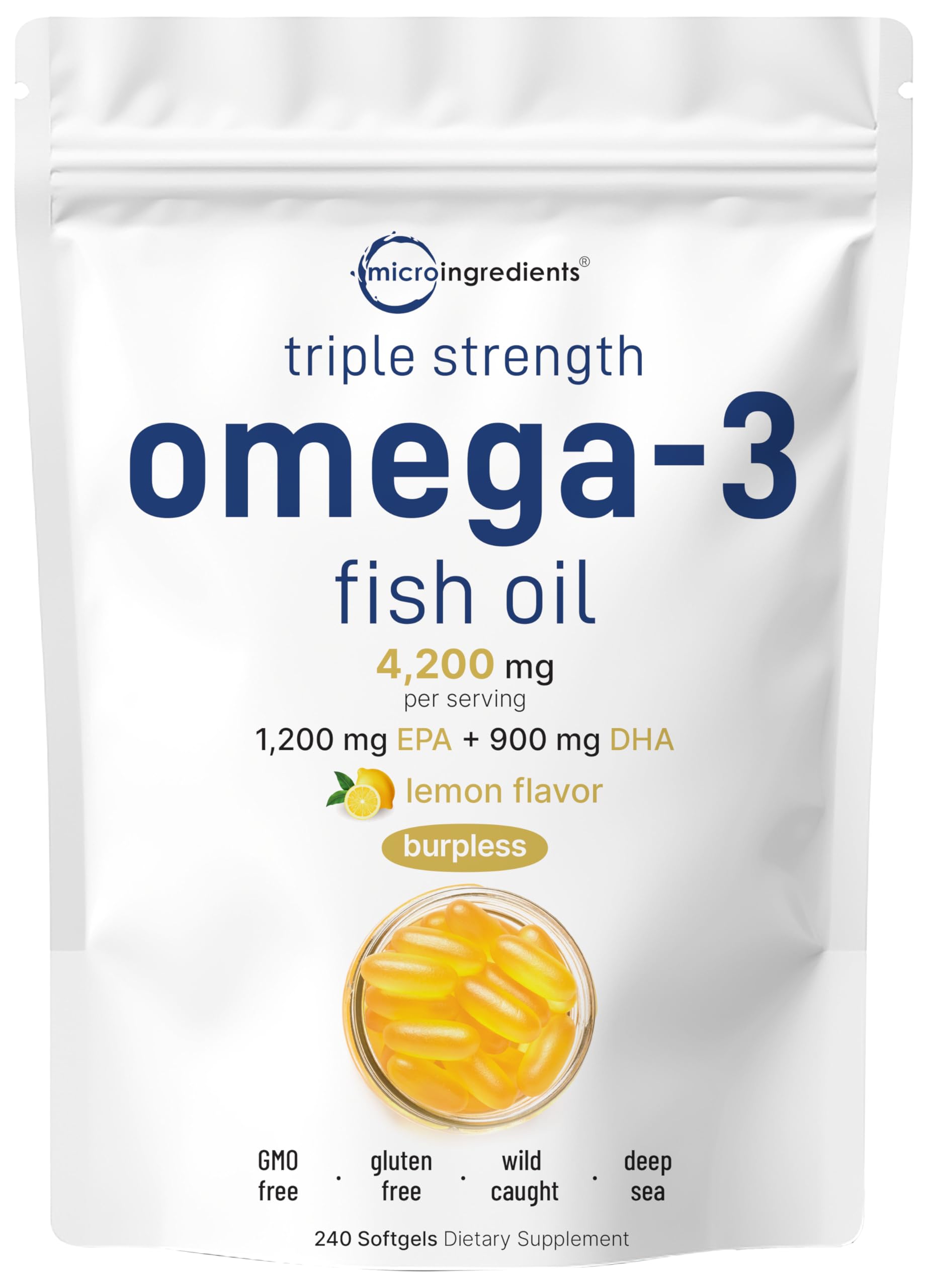 Micro Ingredients Triple Strength Omega-3 Fish Oil Softgels, 4200 mg per Serving, 240 Softgels — Lemon Flavored, Burpless (EPA 1200 mg + DHA 900 mg)