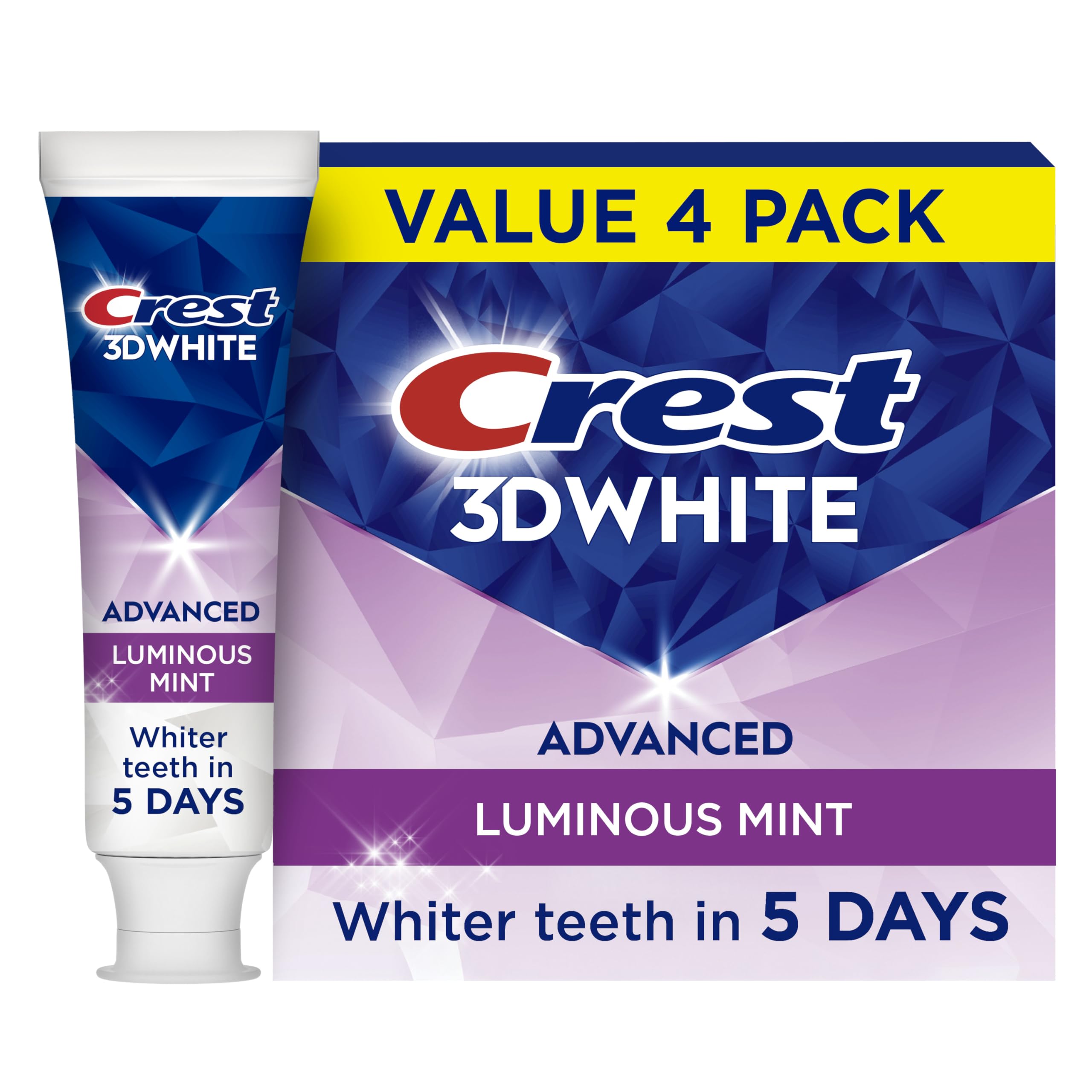 Crest 3D White Advanced, Teeth Whitening Toothpaste for Adults, 3. 7 oz, 4 Pack, Cavity Protection Fluoride Toothpaste, Strengthens Enamel, Travel Size Toiletries