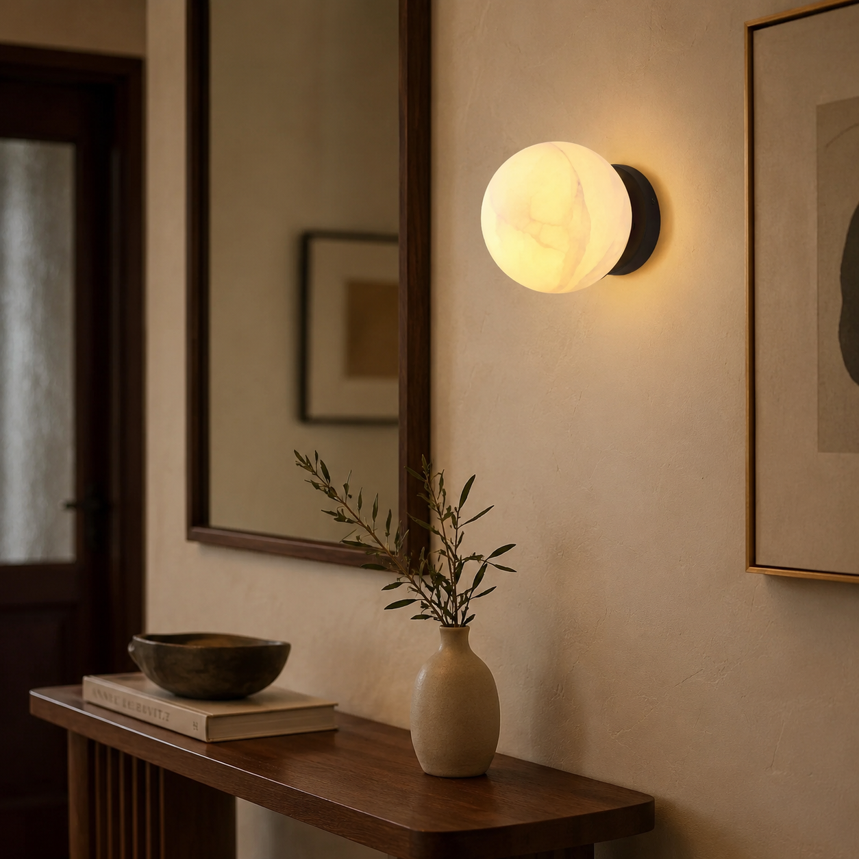Moorizon Moonlit Alabaster 6-Inch Hand-Carved Natural Alabaster Globe Wall Sconce, Matte Black Hardwired Dimmable Base, G45 E12 Bulb Not Included, for Bedside, Hallway, Mirror, Hotel & Commercial Use detail image 3