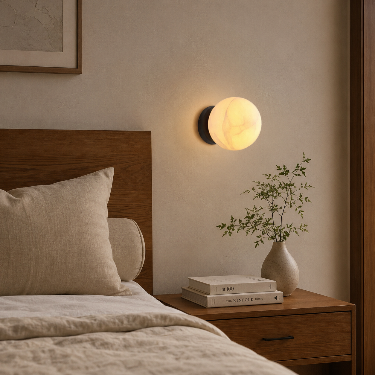 Moorizon Moonlit Alabaster 6-Inch Hand-Carved Natural Alabaster Globe Wall Sconce, Matte Black Hardwired Dimmable Base, G45 E12 Bulb Not Included, for Bedside, Hallway, Mirror, Hotel & Commercial Use detail image 5