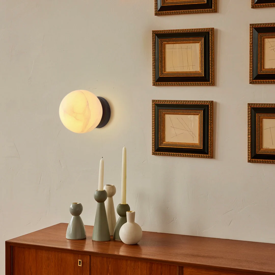 Moorizon Moonlit Alabaster 6-Inch Hand-Carved Natural Alabaster Globe Wall Sconce, Matte Black Hardwired Dimmable Base, G45 E12 Bulb Not Included, for Bedside, Hallway, Mirror, Hotel & Commercial Use detail image 6