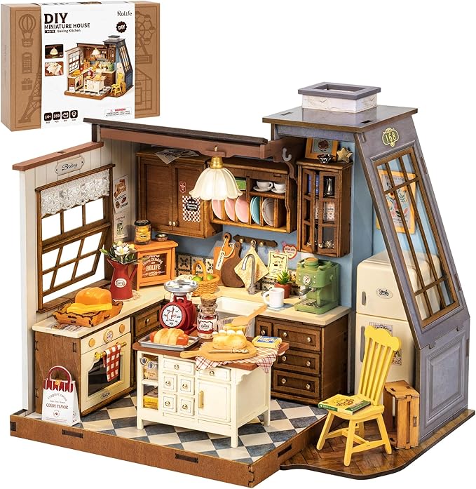 Rolife Baking Kitchen DG172 DIY Miniature Wooden 3D Puzzle Kit — Vintage Baking Kitchen with 359 Pieces and LED Warm Light, Desktop Decor Gift for Baking Enthusiasts & Dollhouse Hobbyists