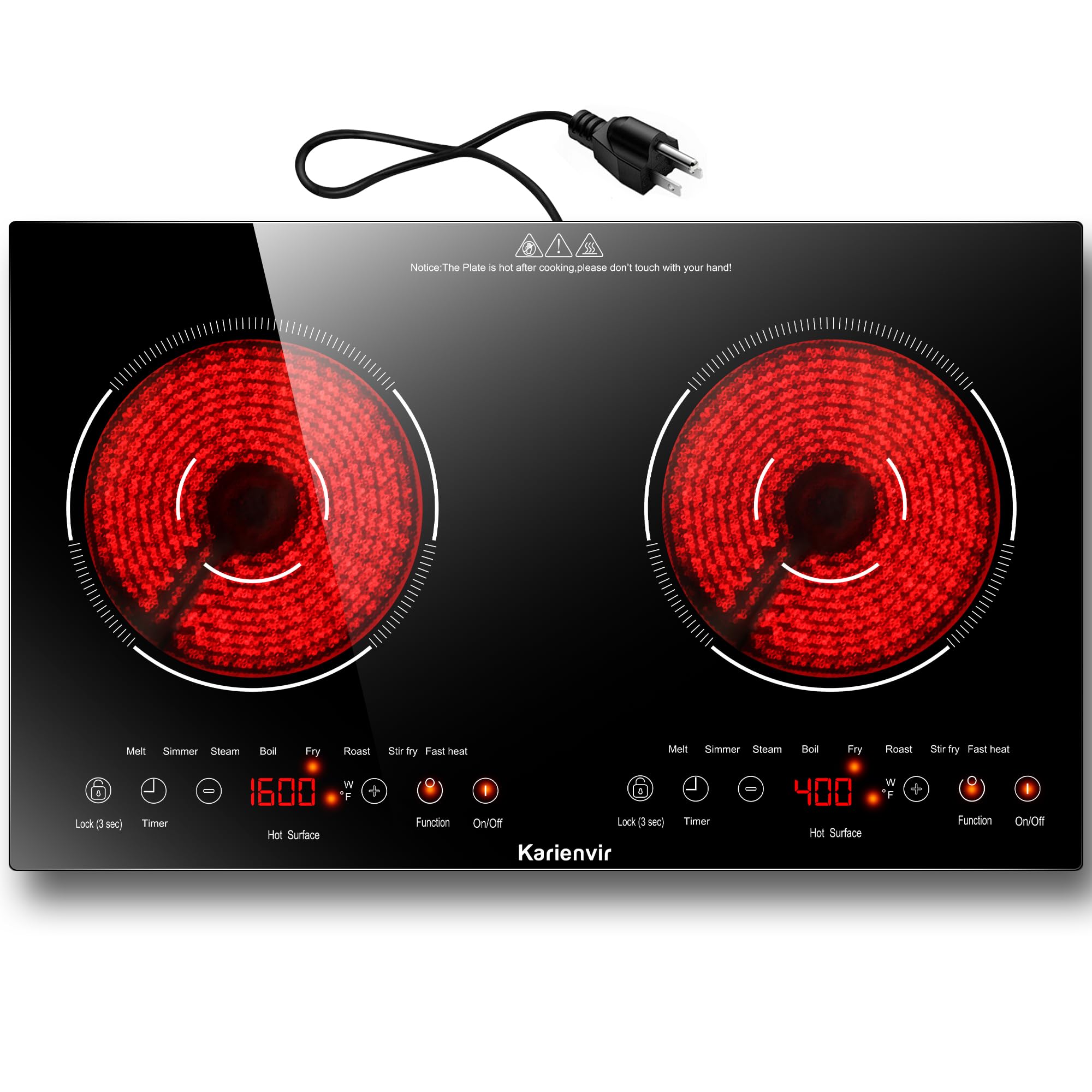 2 Burner Electric Cooktop 110v, 2000W Electric Stove Top Countertop & Built-in, Plug-in Electrics Cooktop 24 Inch, 8 Power Levels & 8 Functions, Touch Control, Safety Lock, Timer, Karienvir