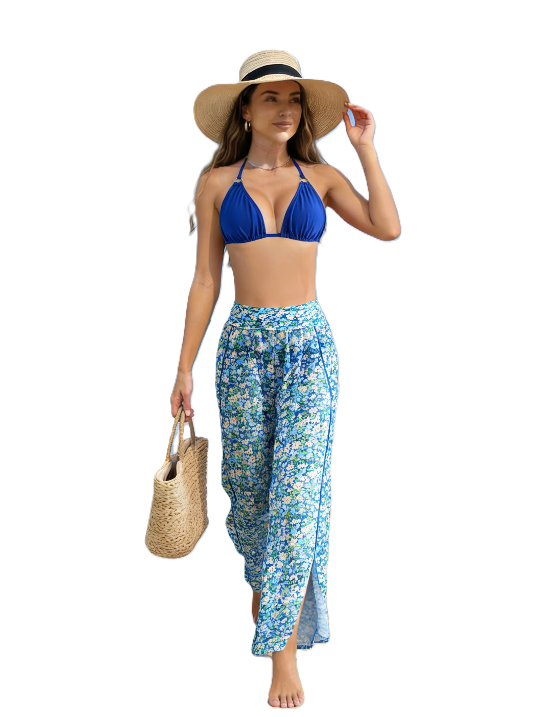 Halter Solid Triangle Bikini with Floral Slit Wide Leg Beach Pants 3 Piece Set