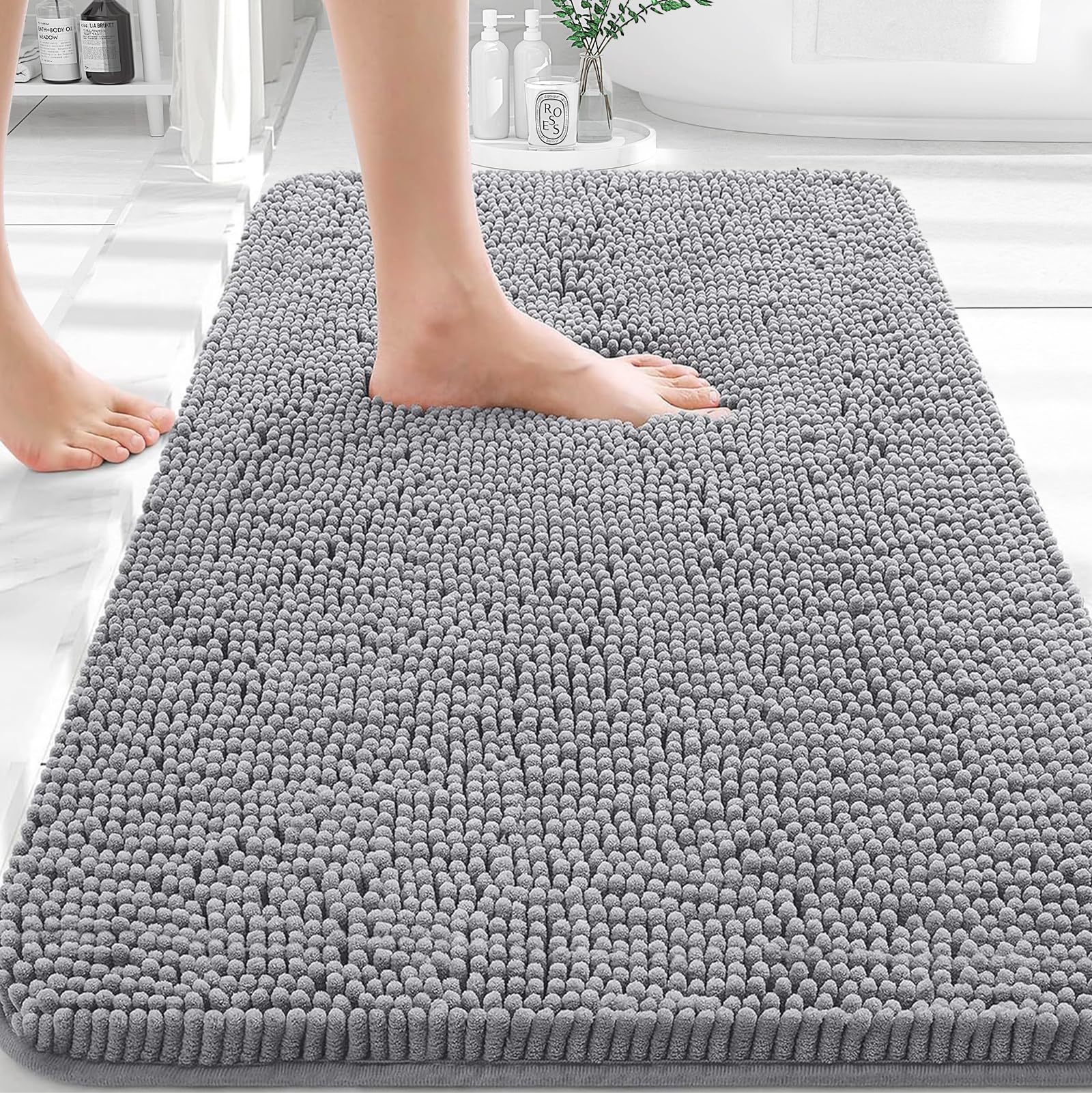 OLANLY Chenille Bath Rug 30 x 20 in Grey — Extra Soft, Absorbent, Non-Slip, Machine Washable