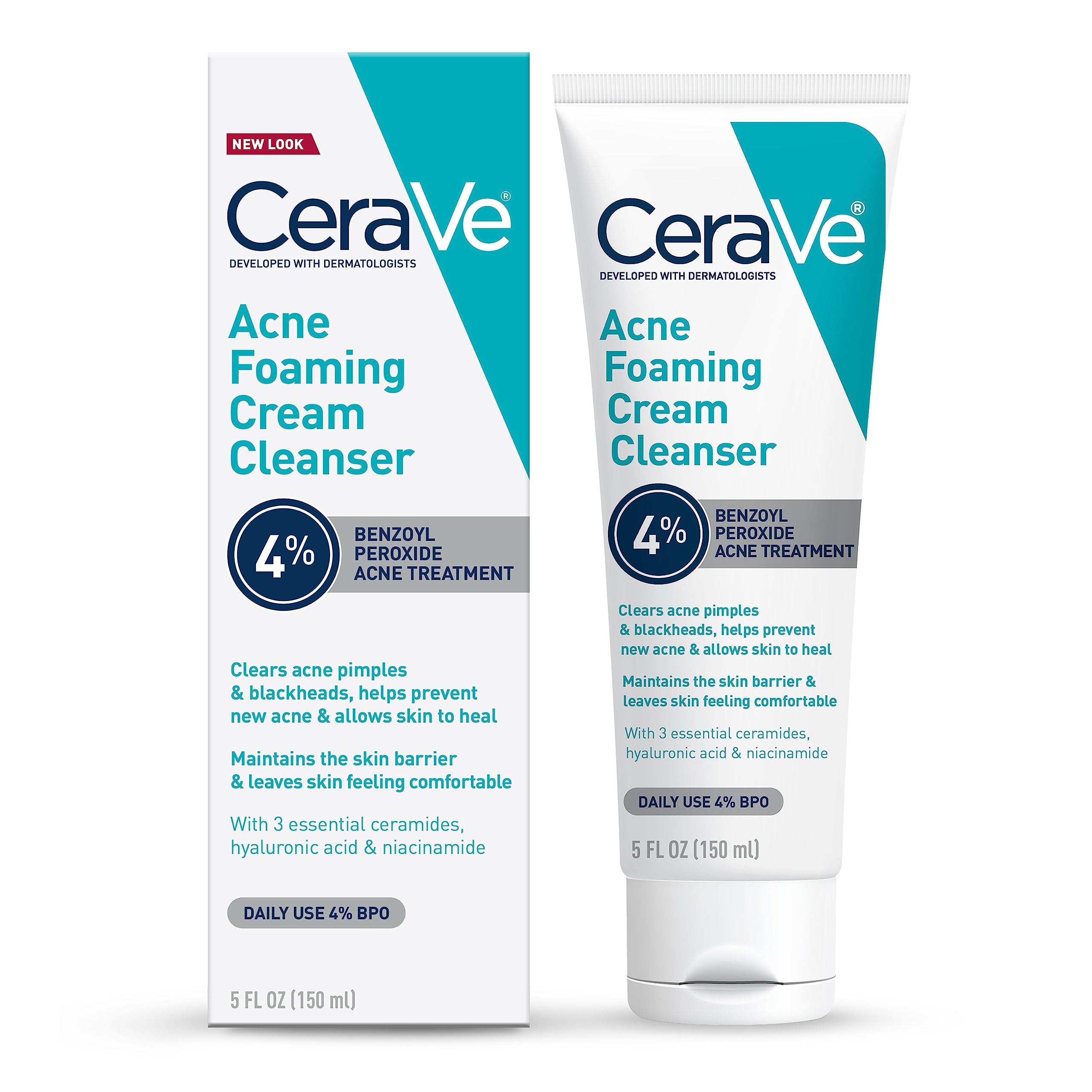 CeraVe Acne Foaming Cream Cleanser with 4% Benzoyl Peroxide, Hyaluronic Acid, Niacinamide & Ceramides — Gentle Daily Acne Treatment for Face