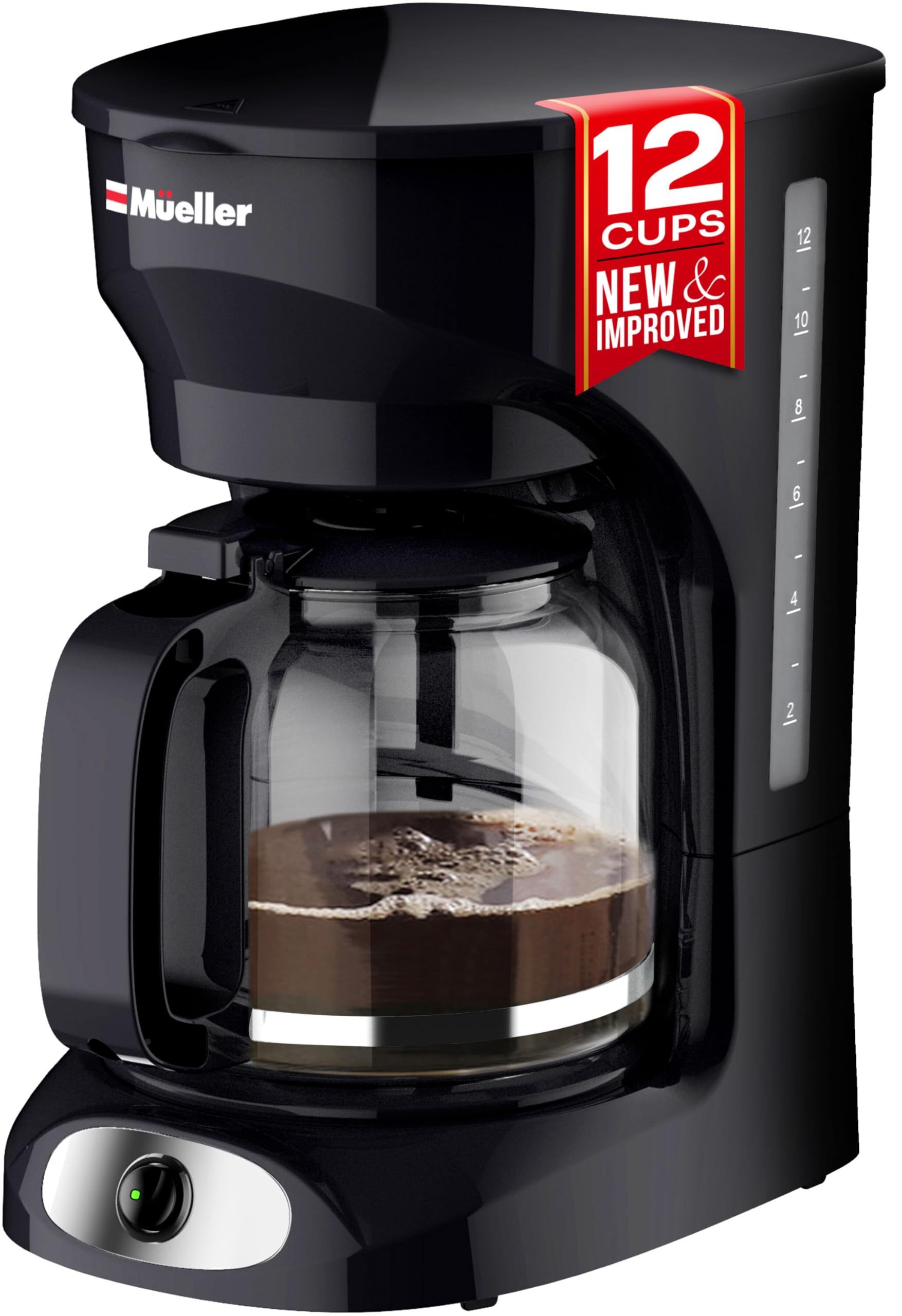 Mueller 12-Cup Drip Coffee Maker - Borosilicate Glass Carafe, Auto-Off, Reusable Filter, Anti-Drip, Keep-Warm Function