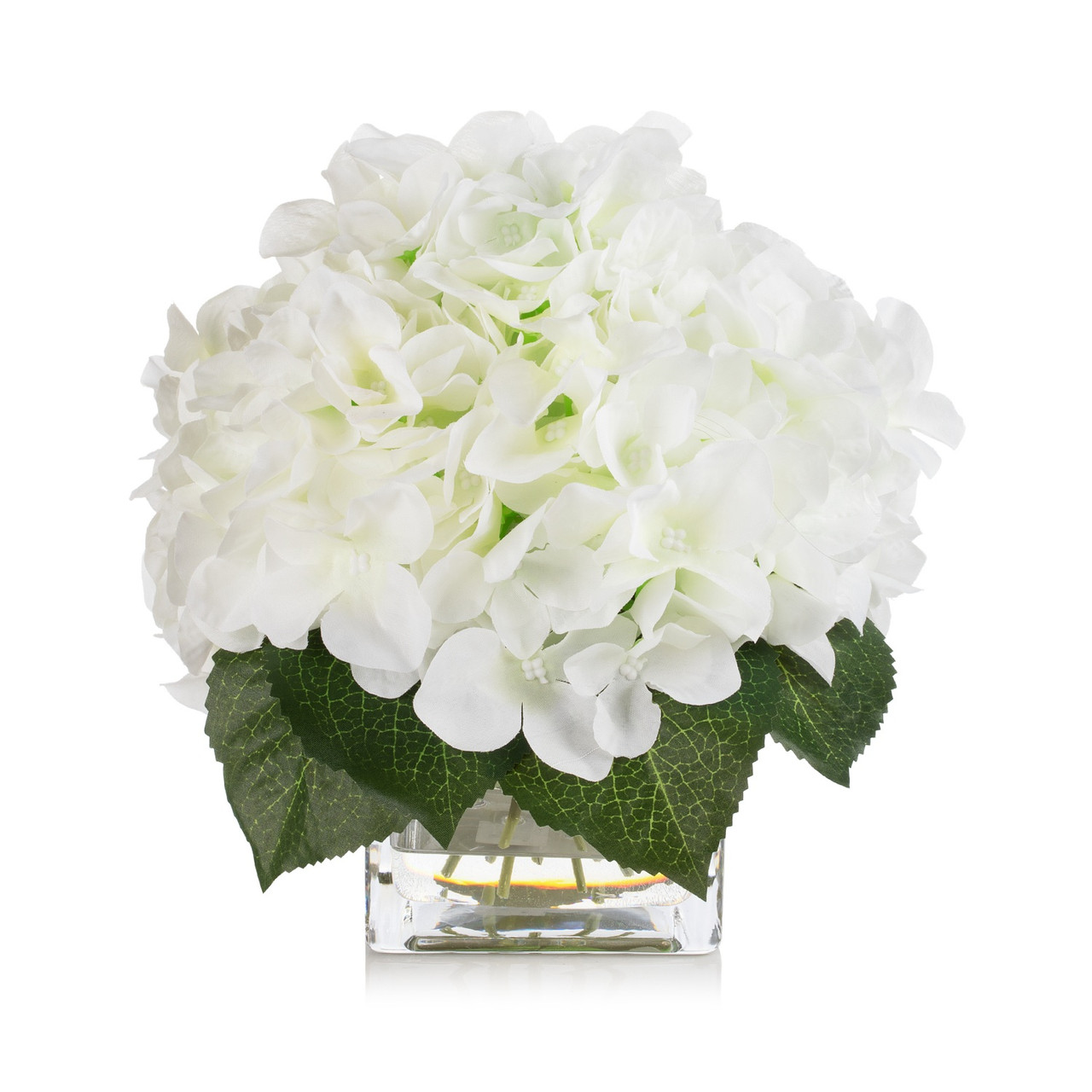 Enova Floral Blue Silk Realistic Hydrangea in Glass Square Vase|Handmade Silk Flowers|Acrylic Faux Water Design|Approx. 8-inch Tabletop Decor