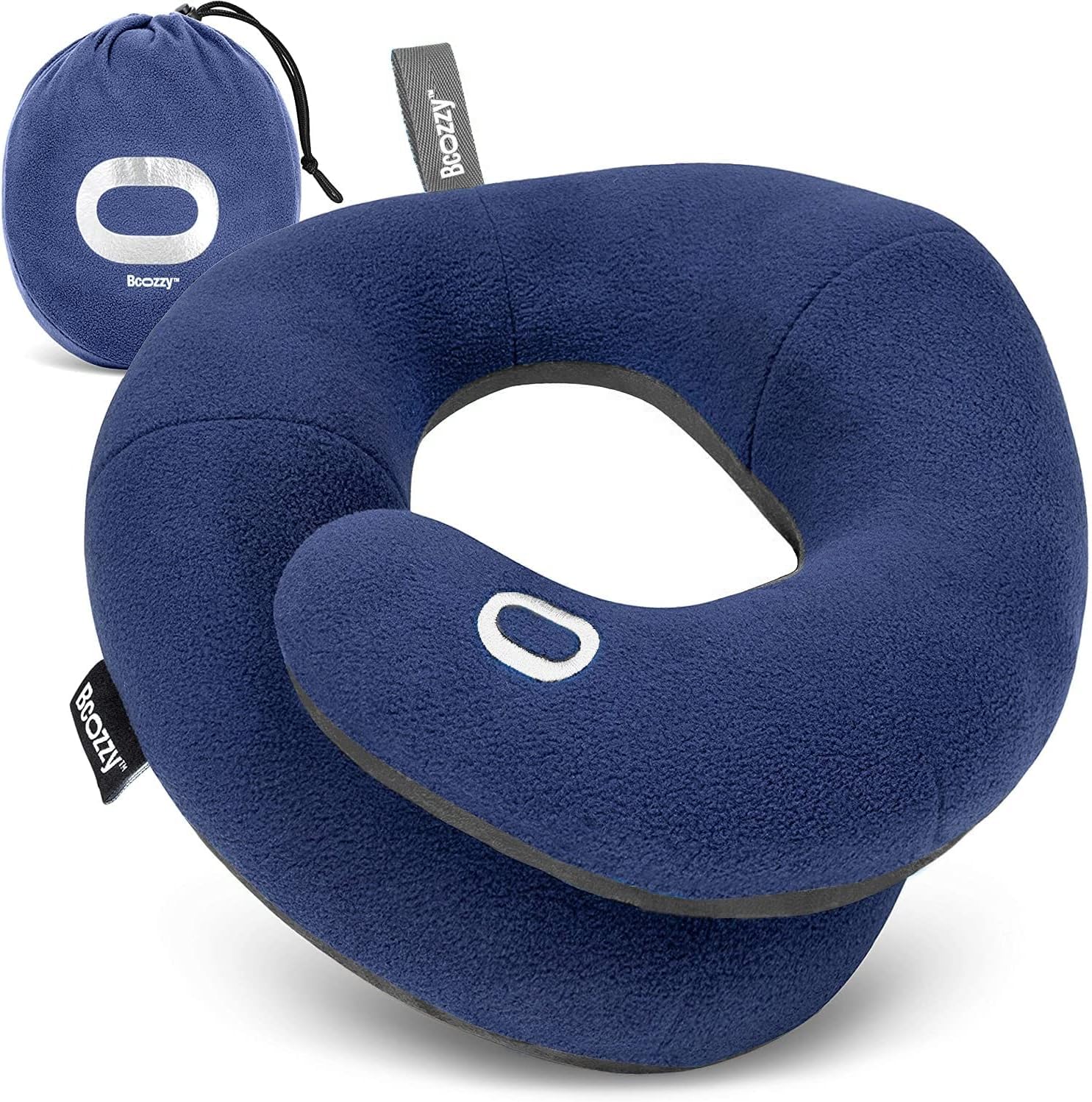 BCOZZY Travel Neck Pillow for Airplane – Patented Double Support for Head, Neck & Chin, Adjustable Size, Fully Washable, Carry Bag, Large, Navy