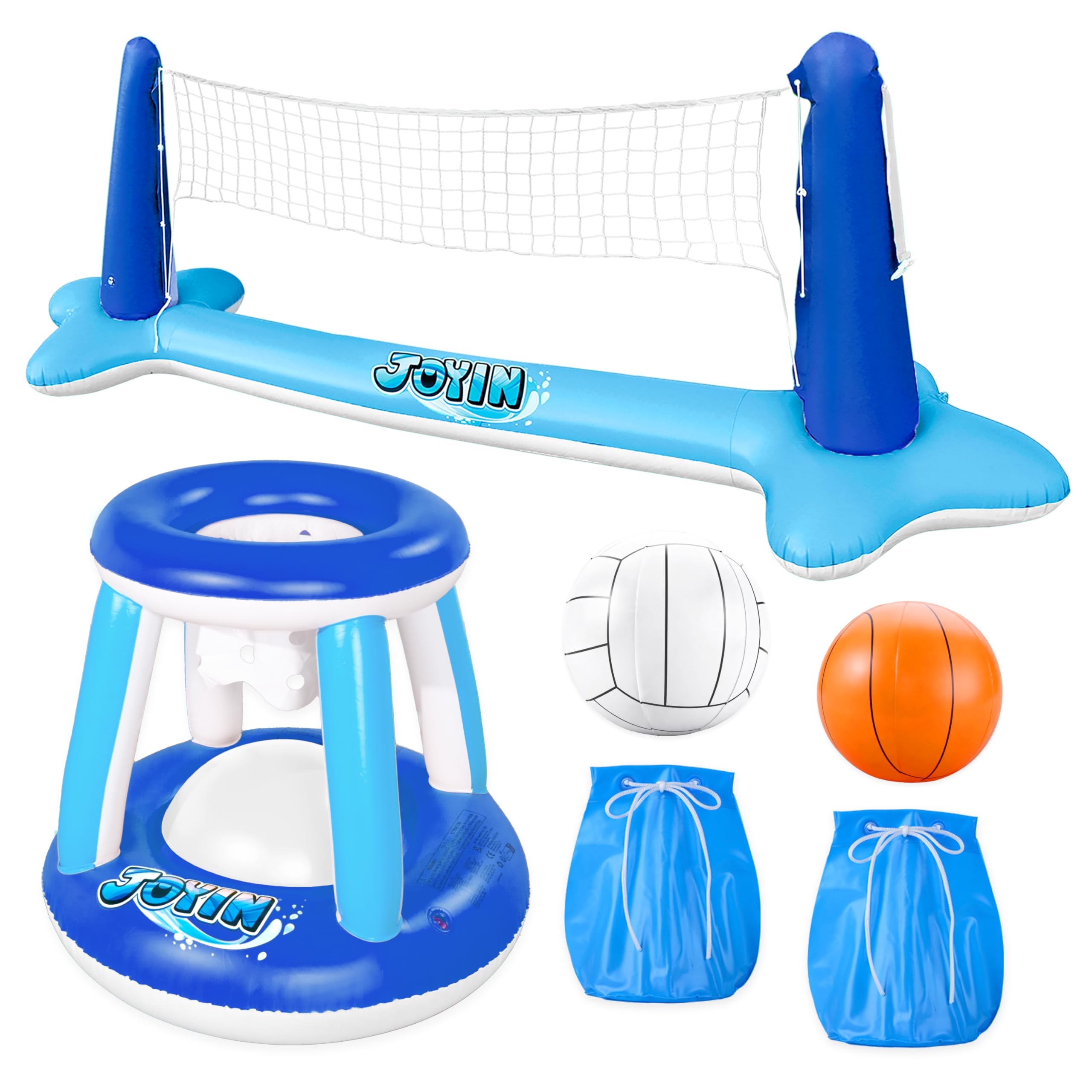 JOYIN Inflatable Volleyball Net & Basketball Hoop Pool Float Set with Balls, Dark Blue